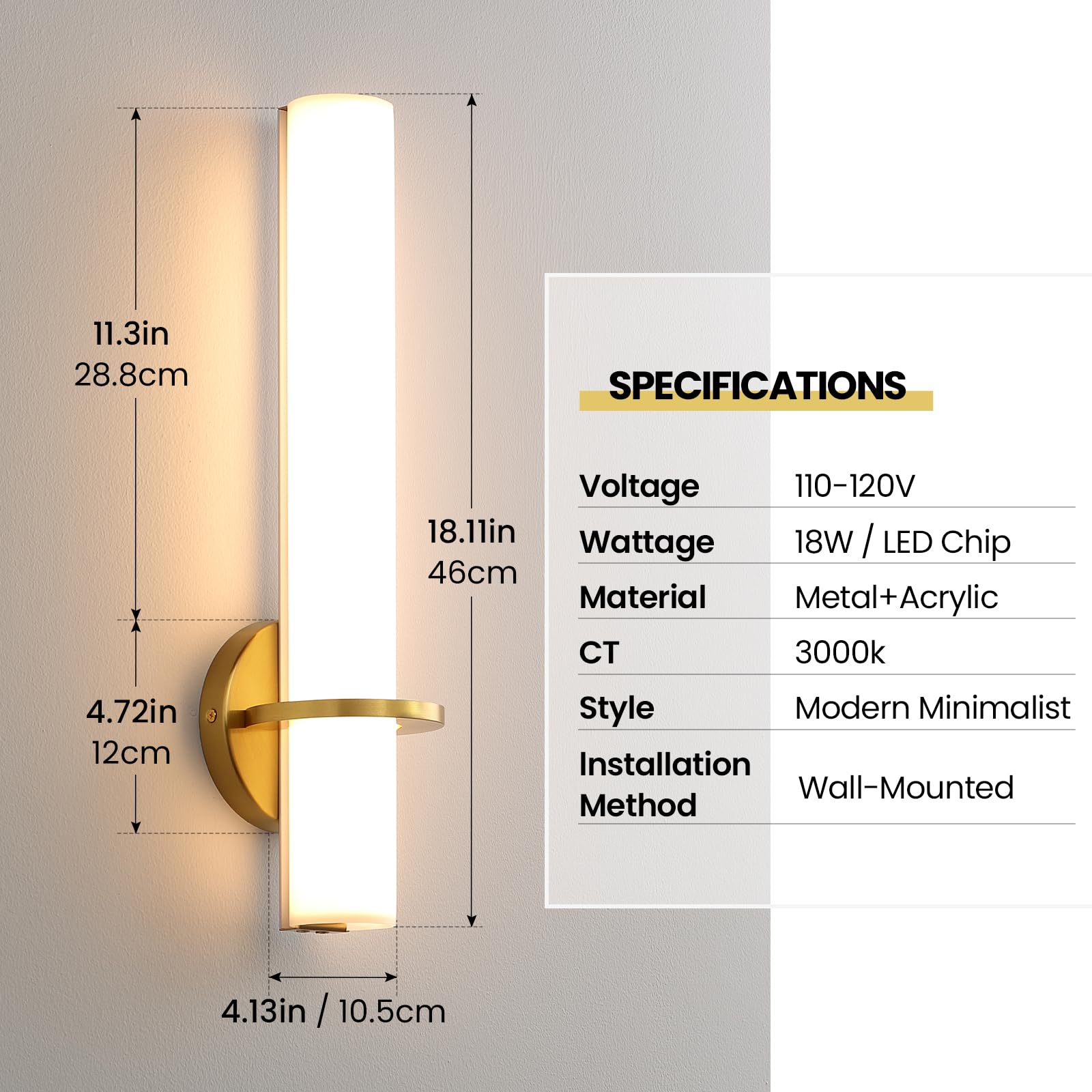 AIJIASI Gold Wall Sconces Set of Two - Dimmable 18W LED Lighting for Living Room, Bedroom, Bathroom - Acrylic Lampshade, Model 8001WL-15