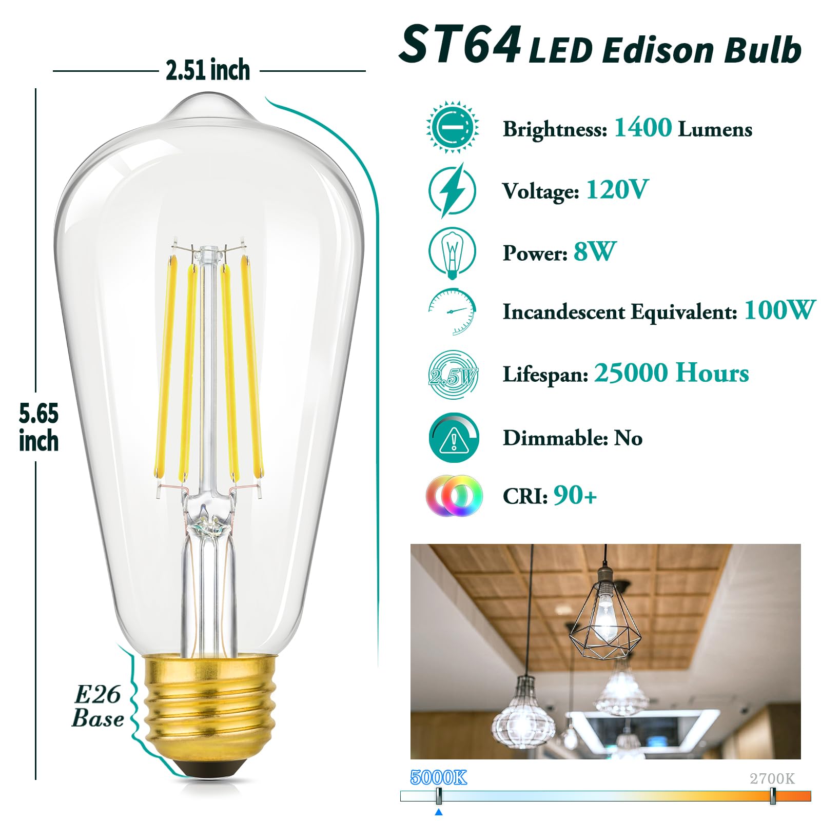 4-Pack Vintage 8W St64 Led Edison Light Bulbs 100W Equivalent, 1400Lm 5000K Daylight White, E26 Base Filament Light Bulbs, Cri 90+, Antique Glass Style, Great For Bathroom Office, Non-Dimmable