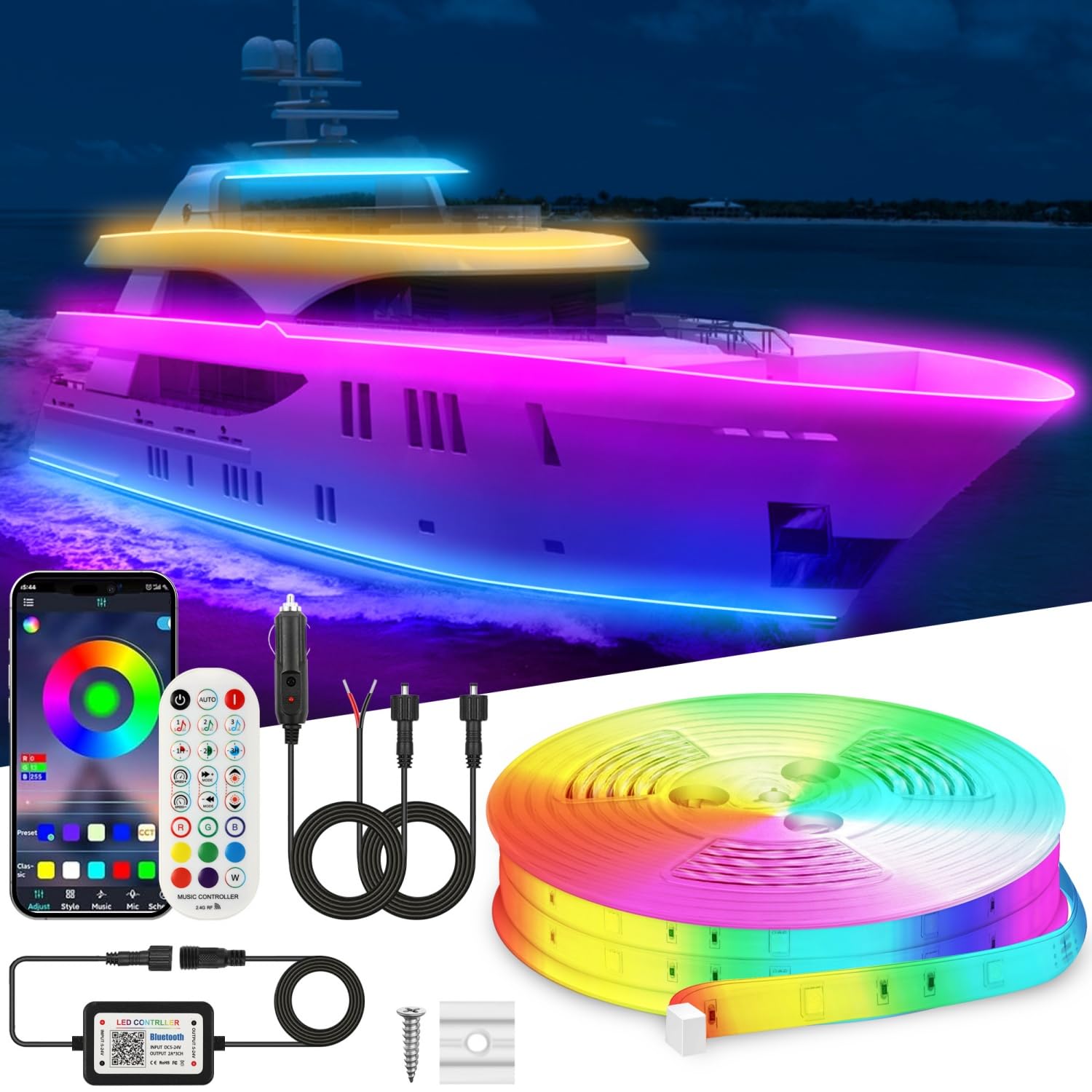 VIDLULTD Marine LED Strip Lights, 33FT RGB, IP67 Waterproof, Remote Control, Silicone, Model VLD07-ER45, Multicolor