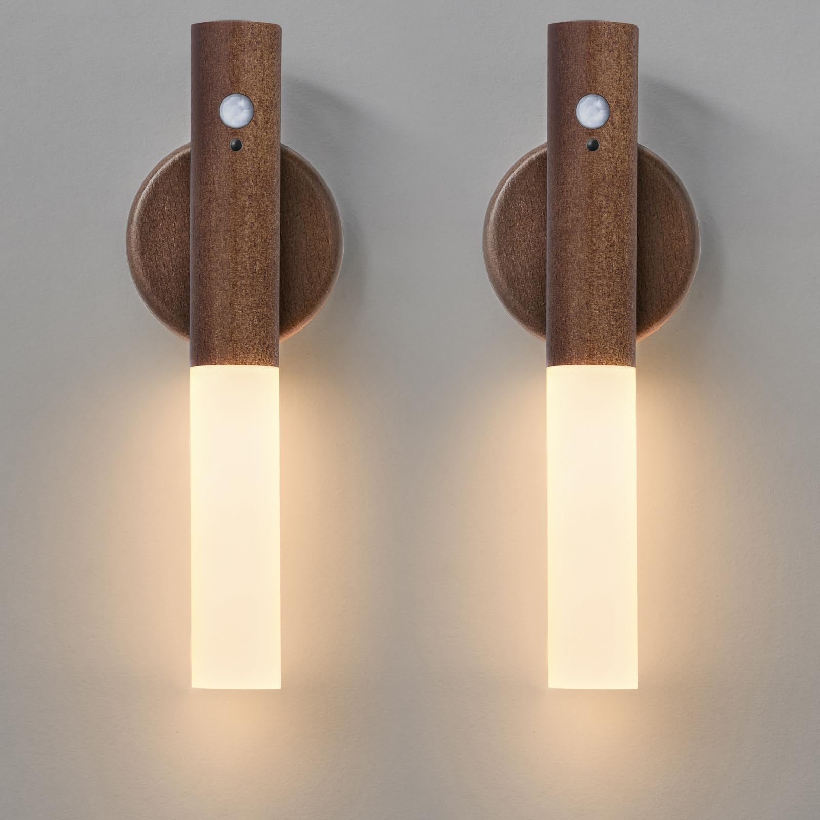 Montford Wall Sconces Set of Two, Battery Operated, Motion Sensor, Rechargeable, Black Walnut Wood, Model OLDNL001