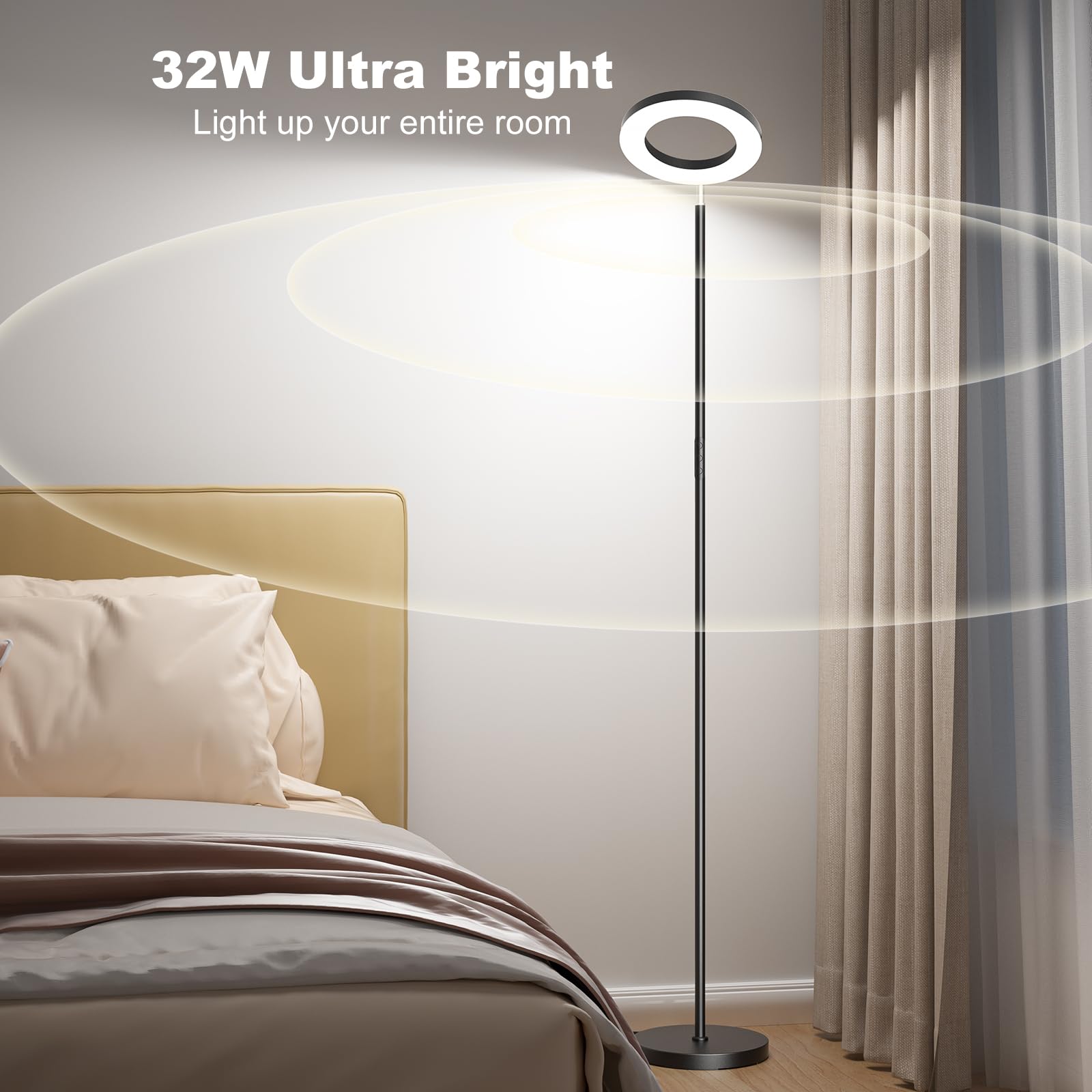 FULSUNT 32W RGB Floor Lamp - Modern Color Changing Torchiere, Remote Control, Dimmable, Black (Single-Sided), Model FLC-032-F2