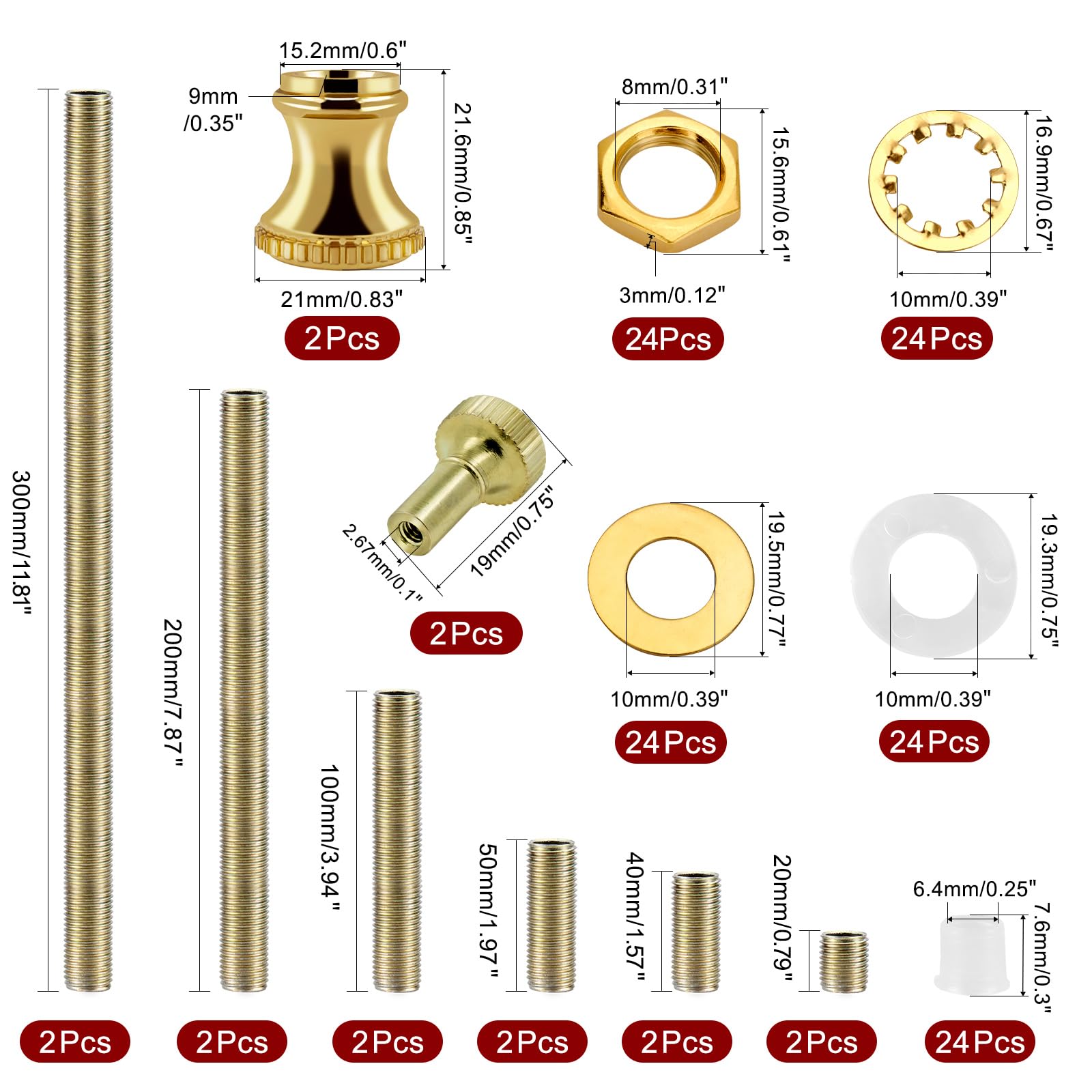 GooChan Lamp Repair Hardware Assortment, Gold Metal, Includes 12 Inch Rod Kit, Nipples, Coupling Connectors, Switch Knobs