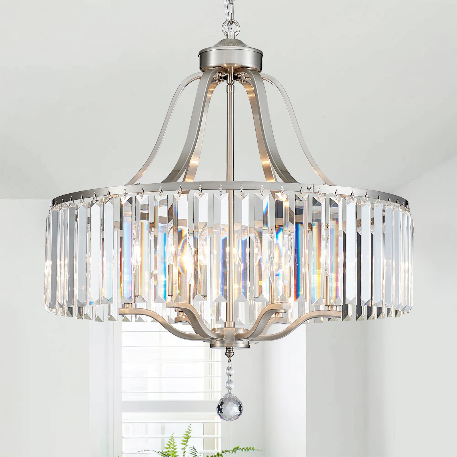 peskoe Modern Crystal Chandeliers Round 6-Light Large Brushed Nickel Pendant Lighting Fixture for Dining Room Living Room Kitche