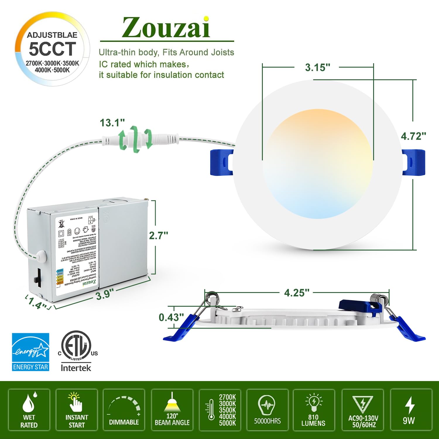 Zouzai 1 Pack 4 Inch 5Cct Ultra-Thin Led Recessed Ceiling Light With Junction Box, 2700K/3000K/3500K/4000K/5000K Selectable, 9W Eqv 80W, Dimmable, Led Can Lights - Etl And Energy Star Certified