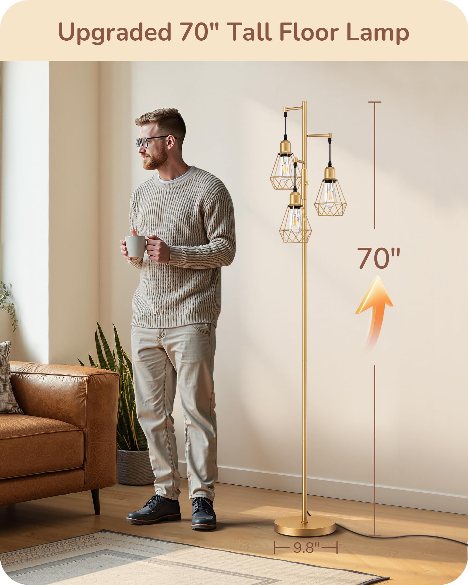 EDISHINE 70in  Dimmable Industrial Floor Lamp, Gold Metal, 3 LED Edison Bulbs, Model HLFL03L