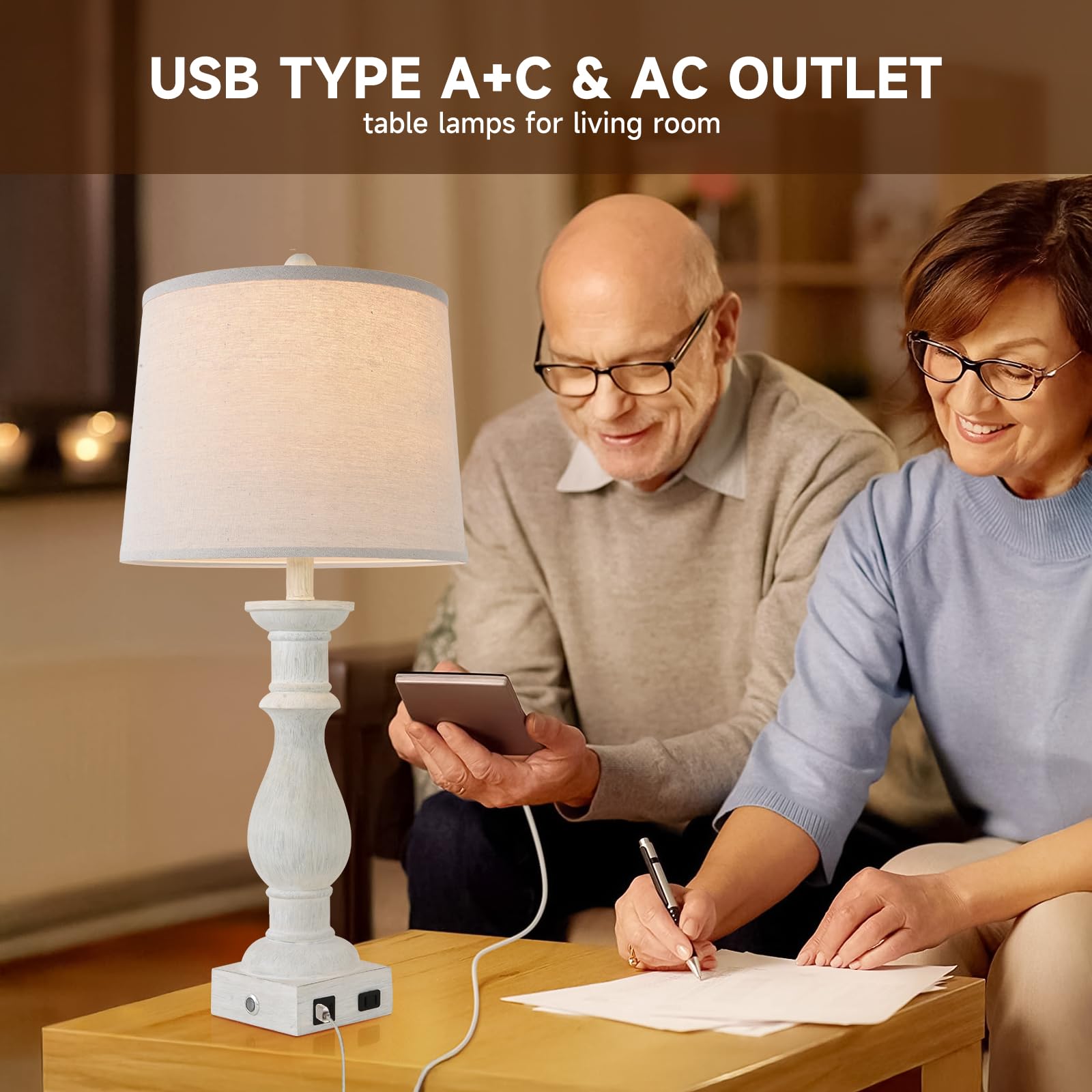 Touch Dimmable Desk Lamp Table Lamps Set Of 2 Vintage Night Stand Light Farmhouse Resin Lamp,Bedside Lamps With Usb Ports And Ou