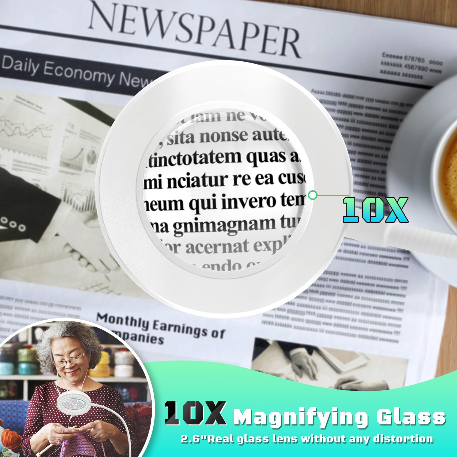 Nzqxjxz 10X Magnifying Glass With Light, Clip On Mganifier With Light, 48 Led Desk Magnifying Glass Wtih Clamp, 3 Modes Dimmable