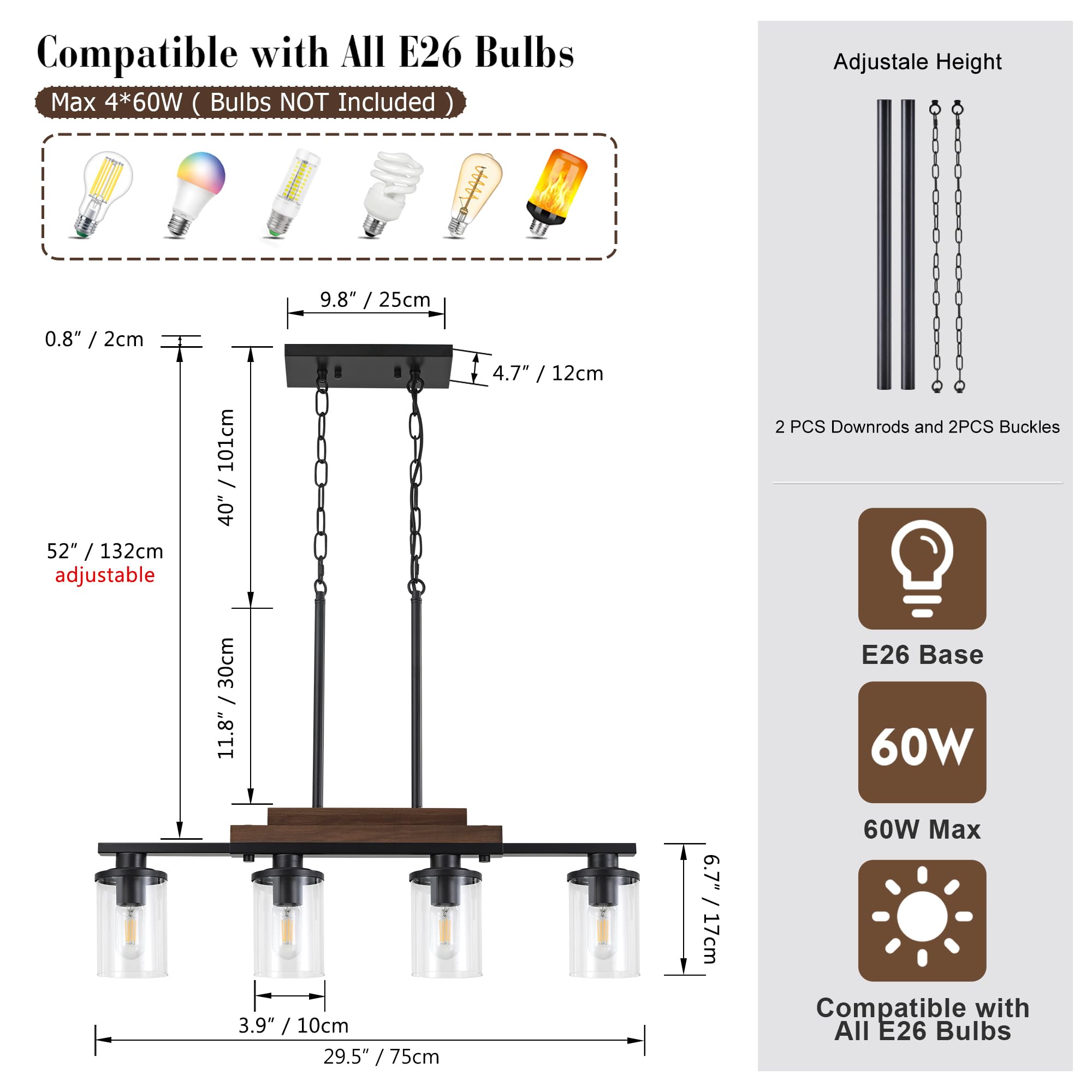 Pendant Lights Kitchen Island, 4-Light Farmhouse Chandeliers For Dining Room, Black Linear Chandelier With Clear Glass Shades, M