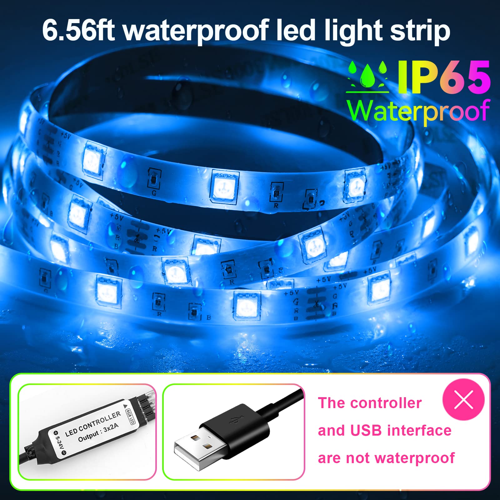 Houhui Led Strip Lights 6.56Ft, Rgb Led Lights Strip For 40-60In Tv Backlight, Rgb Color Strips Light Waterproof Ip65 With Remot