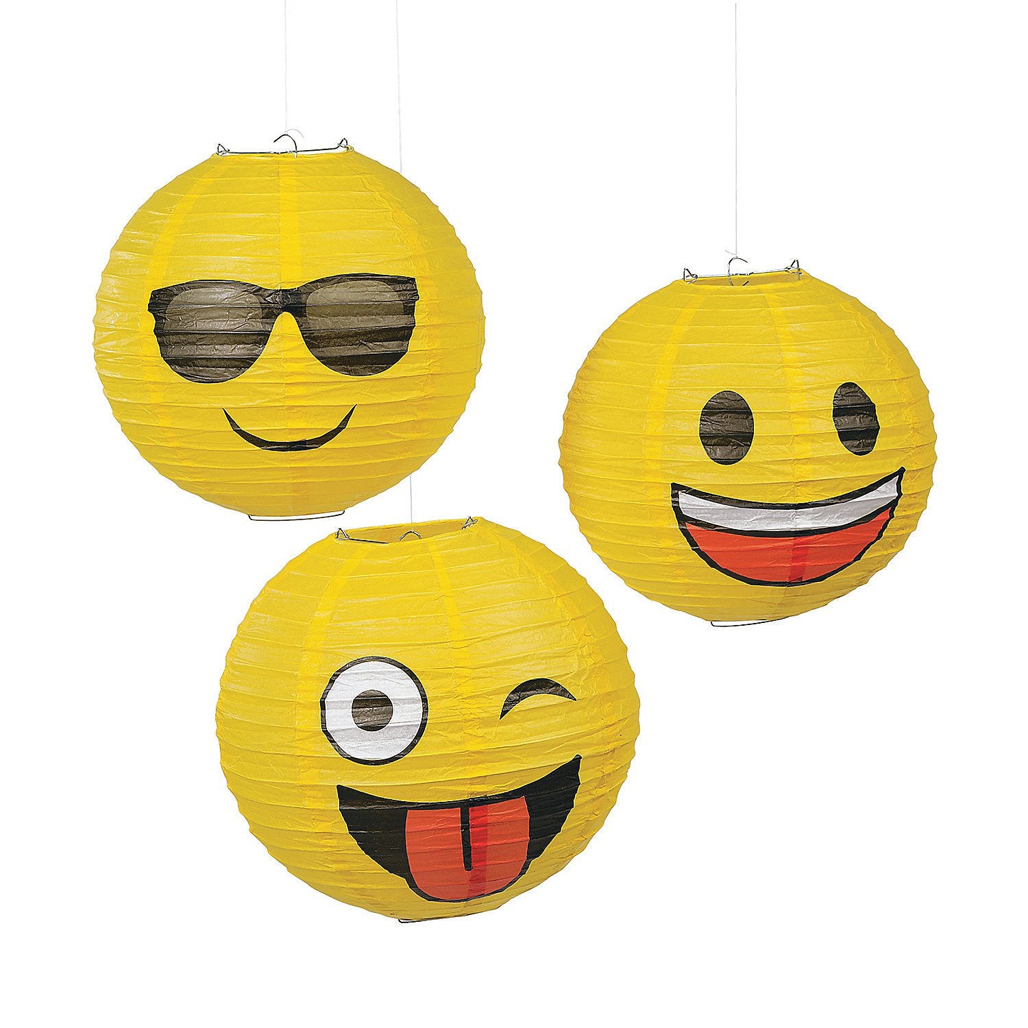 Fun Express Emoji Hanging Party Lanterns, 8in Metal, Yellow, 3 Pieces, Model 28428