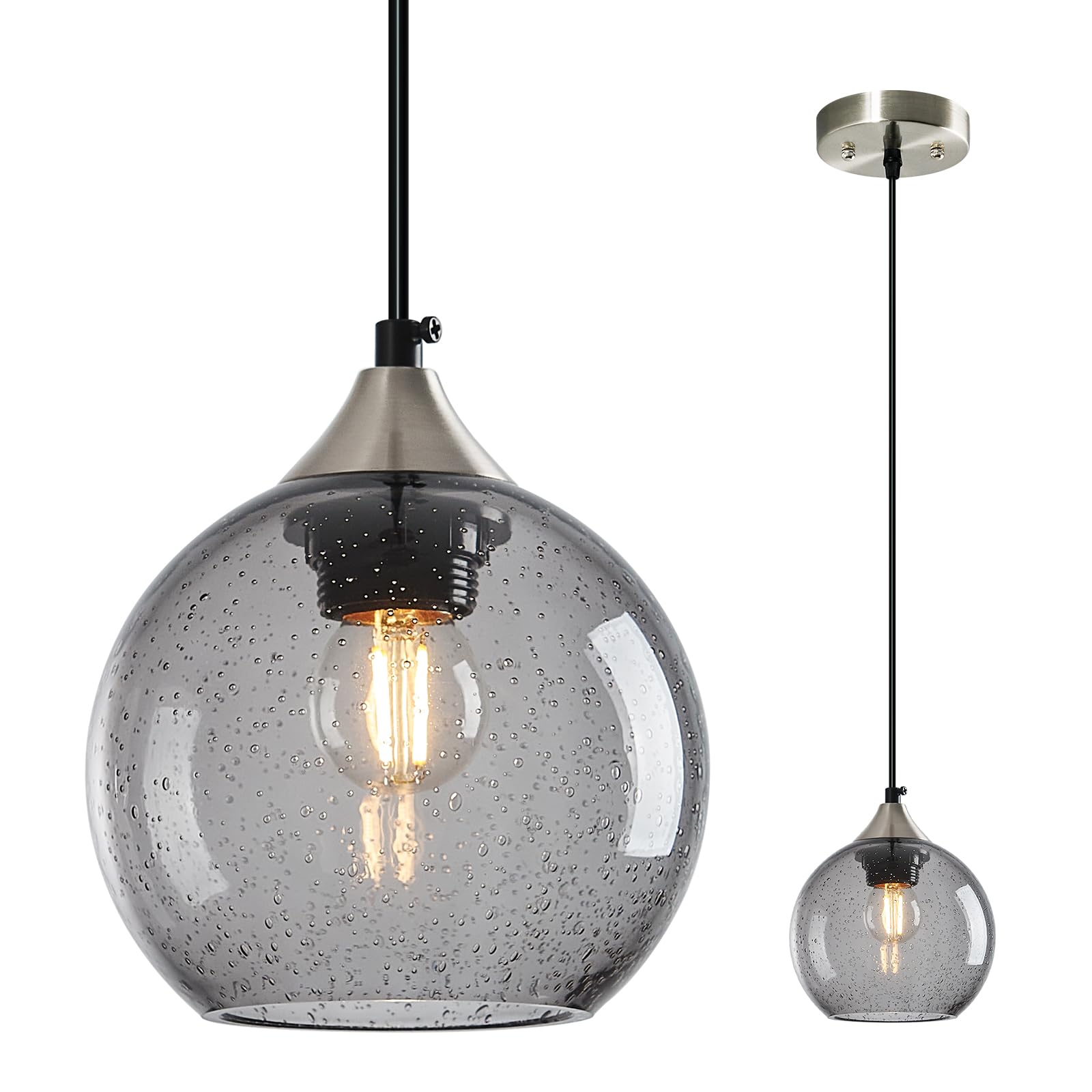 Lbsqj Light Grey Glass Pendant Lights Kitchen Island Globe Pendant Light Fixtures Modern Pendant Lighting For Bedroom Living Dining Room Light Fixture (5.9 In  1 Pack)