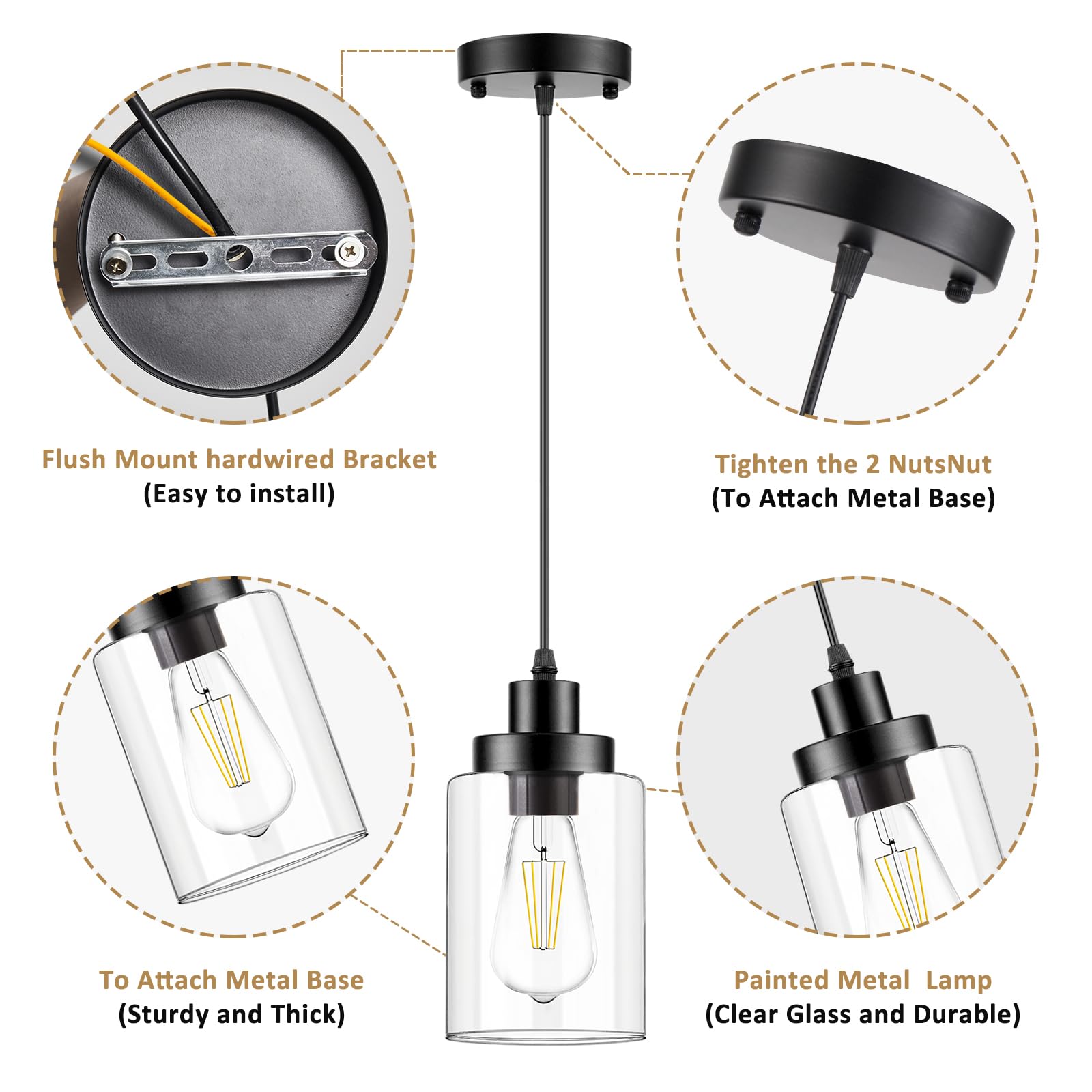 WimiSom Industrial Pendant Lighting, Modern Glass Shade, Hardwire-Black, Adjustable, 3-Pack, Black
