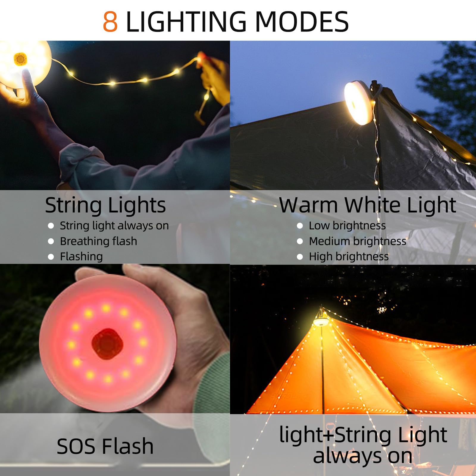 Solar Camping String Lights, 39Ft 120Led Stowable String Lights With 8 Lighting Modes, Usb Rechargeable, Ip64 Waterproof Solar S