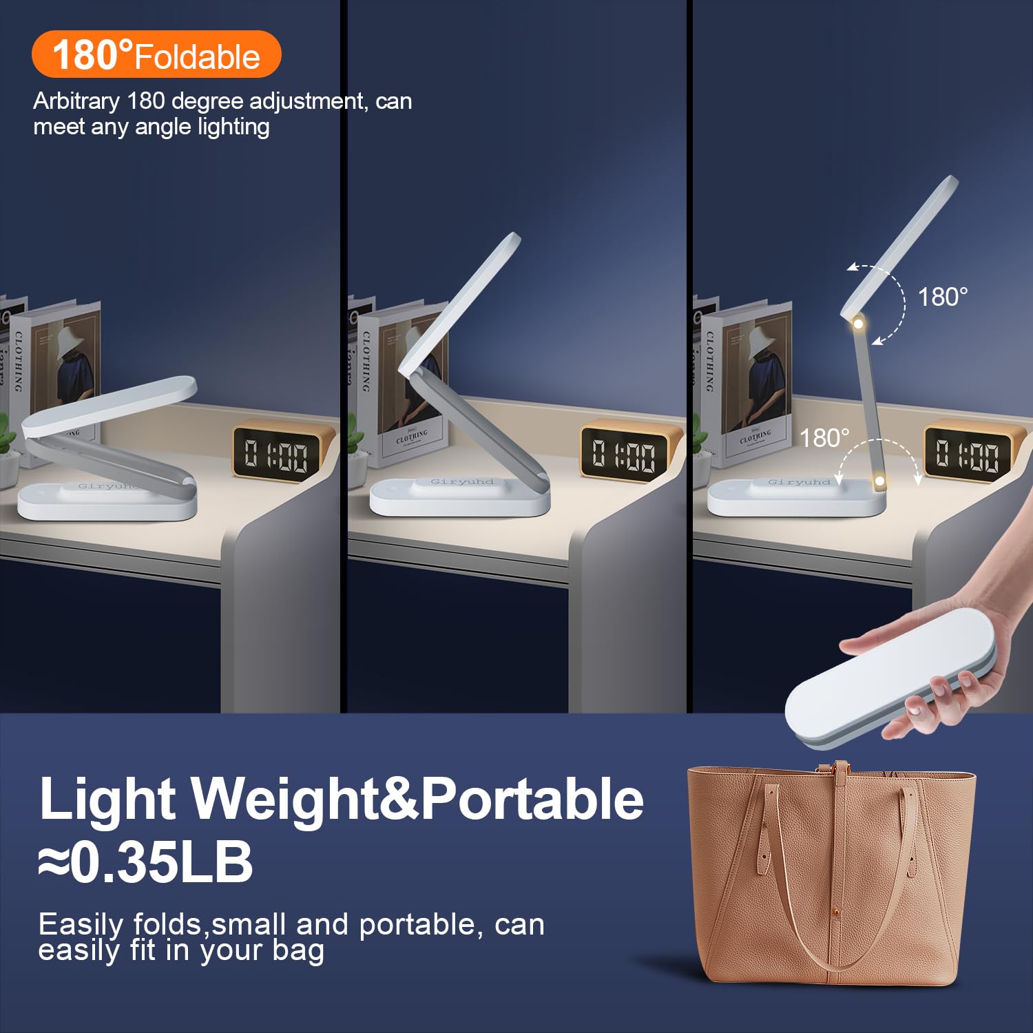 Giryuhd LED Desk Lamp - Rechargeable, Foldable, Portable, 3 Brightness Levels, White, Model A211