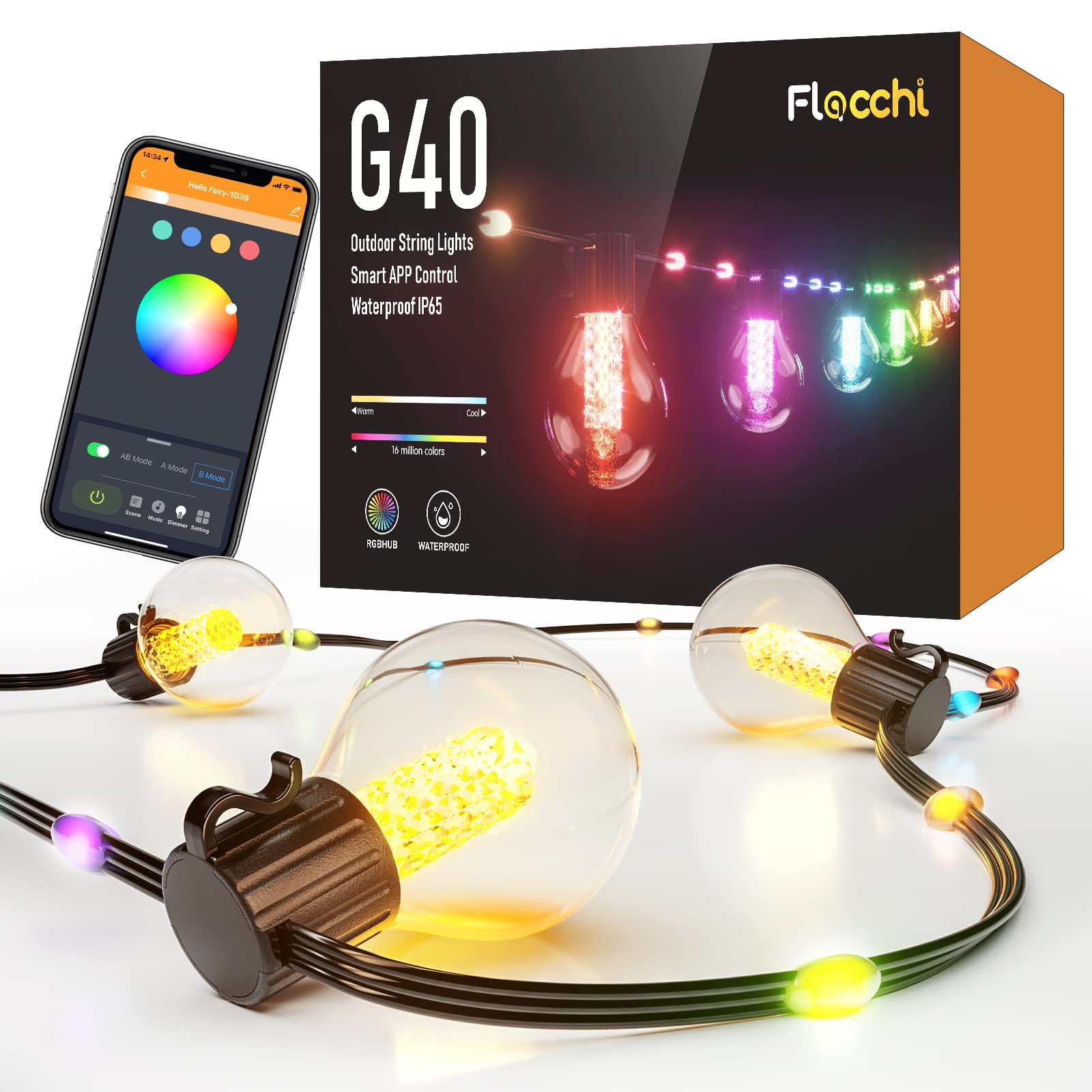 Flacchi Smart String Lights, 50FT RGBw Outdoor Fairy Lights, Dimmable, Bluetooth & Remote Control, Multicolor, Model HYS-PUL0502500-BWSL25