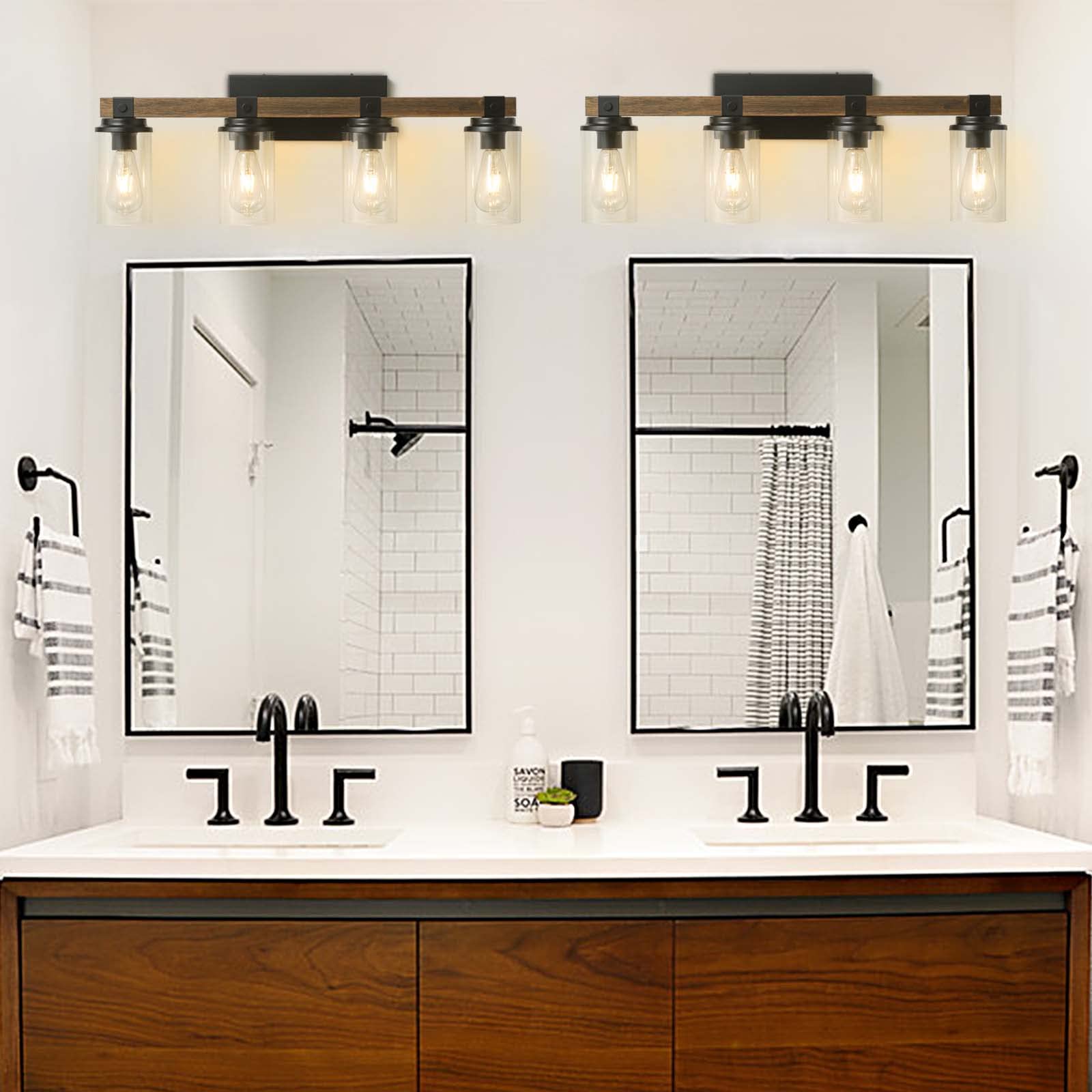Goyeel 4-Light Farmhouse Bathroom Vanity Light - Rustic Wooden Sconces For Mirror & Hallway