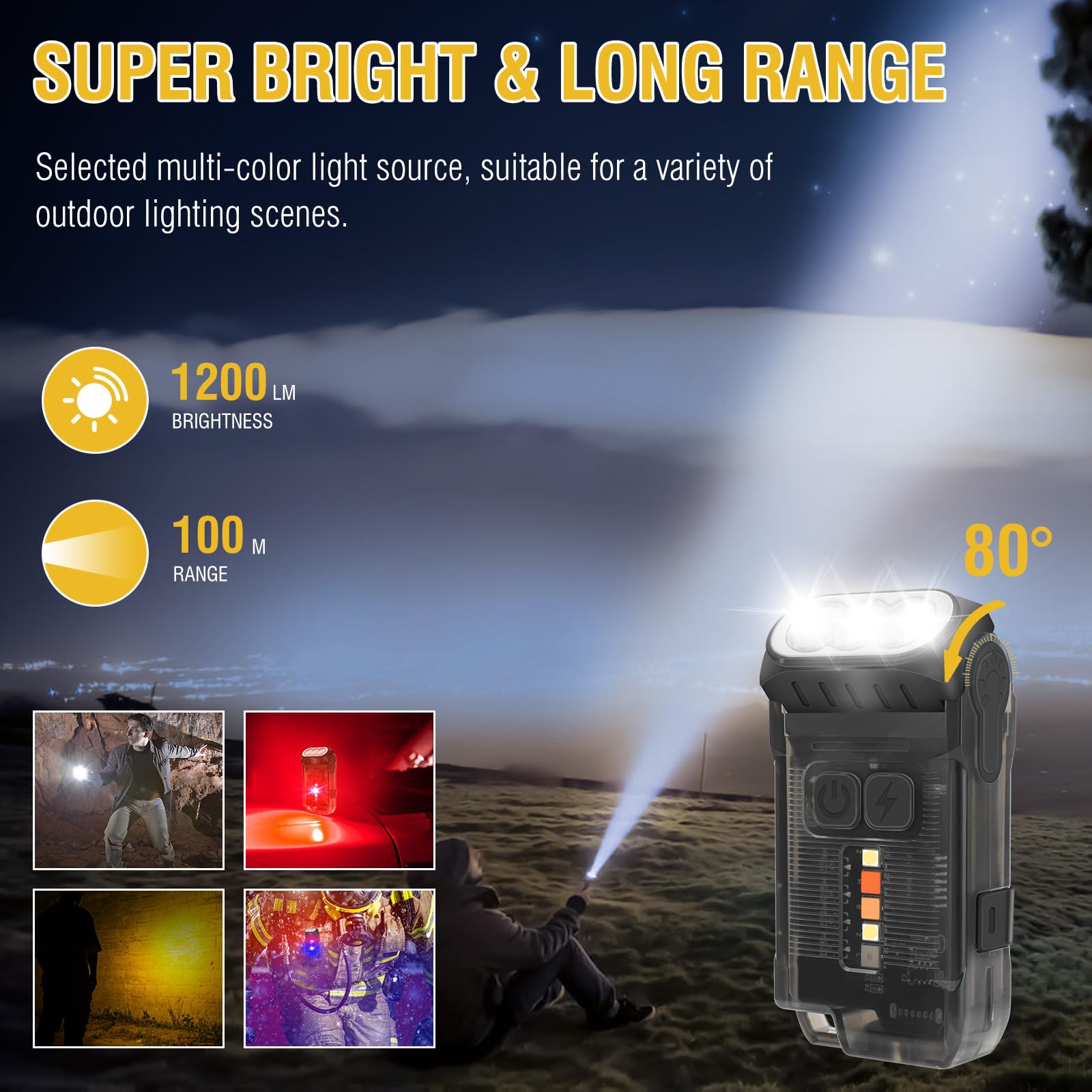 BORUiT V15 EDC Flashlight, 1200LM, USB C Rechargeable, 10 Modes, IP67 Waterproof, Black, Aluminum