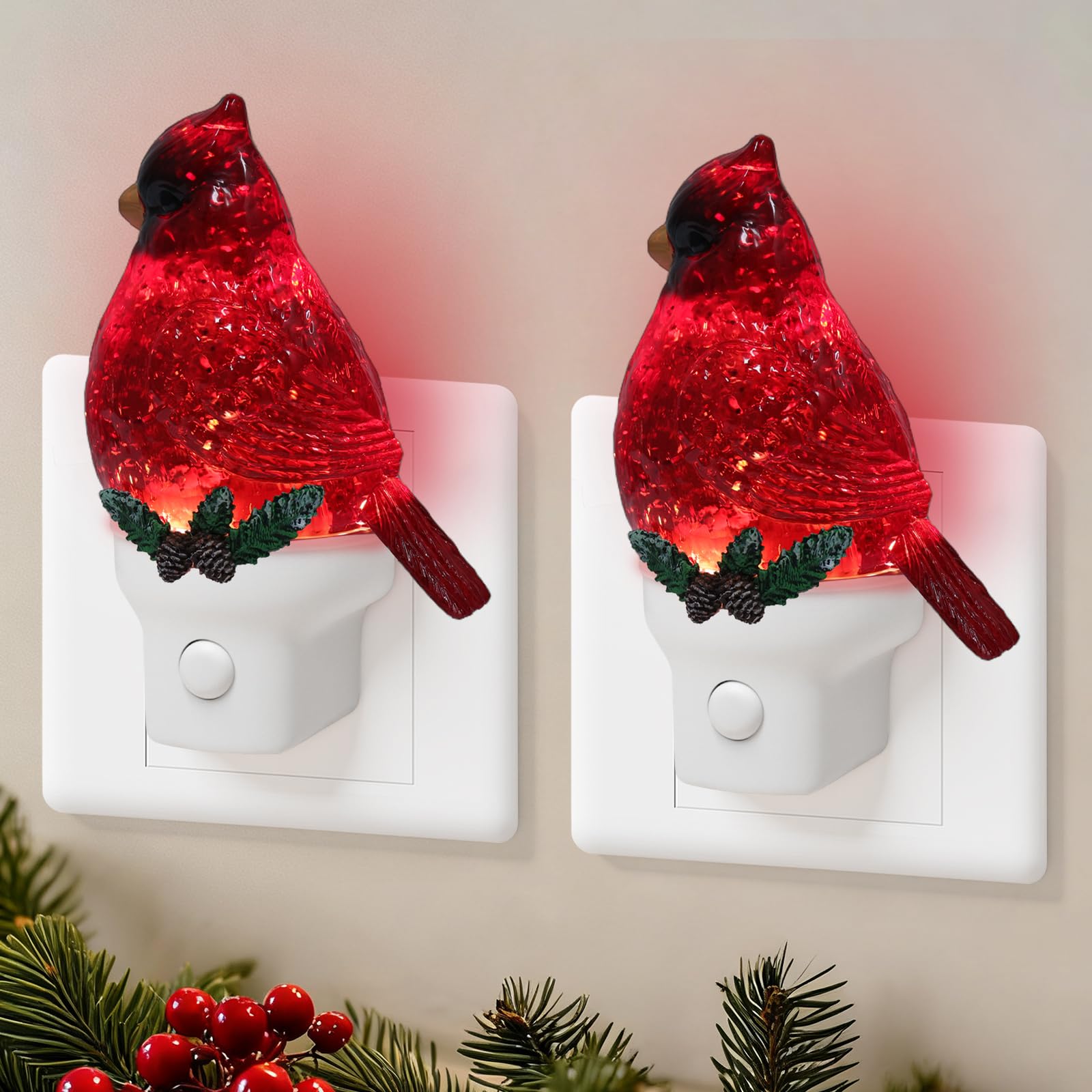 2 Pack Christmas Cardinal Night Light Plug into Wall Glitter Water Nightlight with USB/Outlet Options  Christmas Decorative Nightlight for Bedroom Kitchen Nursery Holiday Decorations Gifts (Cardinal)