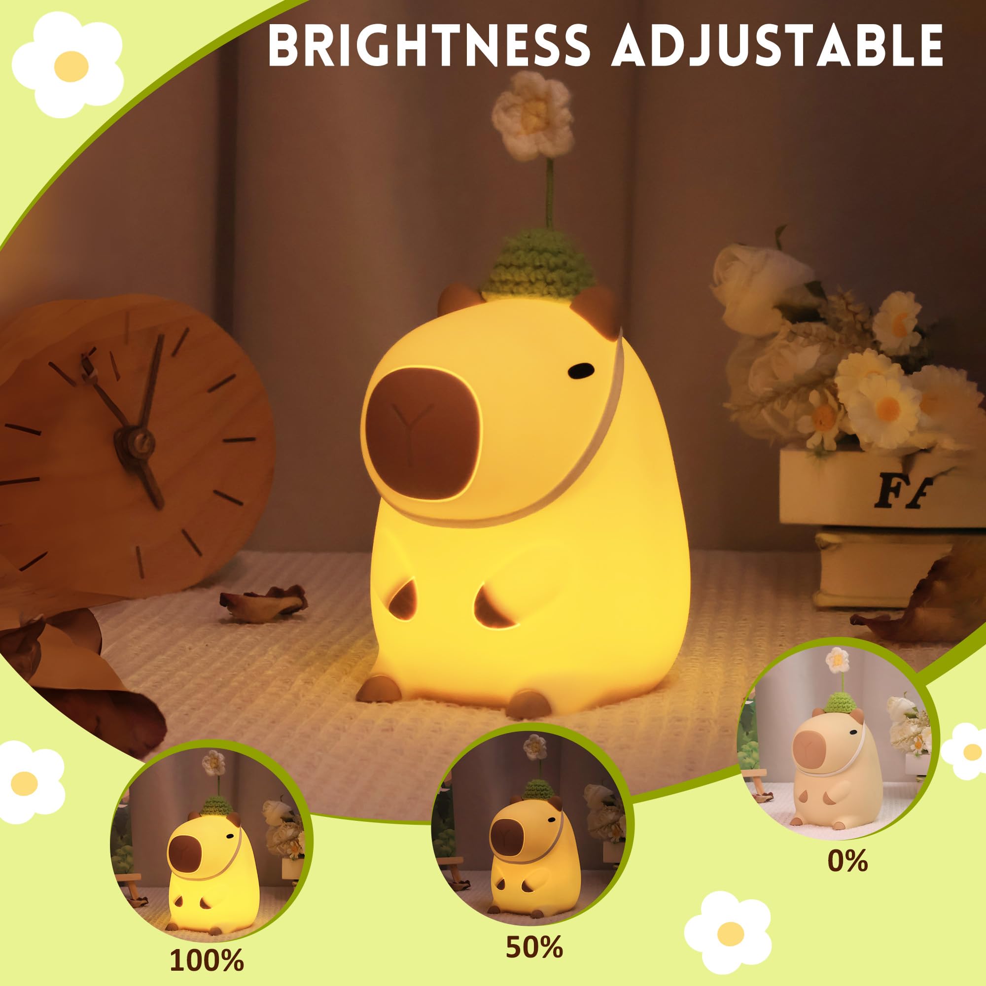 Okayera Cute Capybara Night Light - USB Rechargeable, Dimmable, Yellow, Model DS-CPBR-01, Ideal for Nursery Decor and Gifts