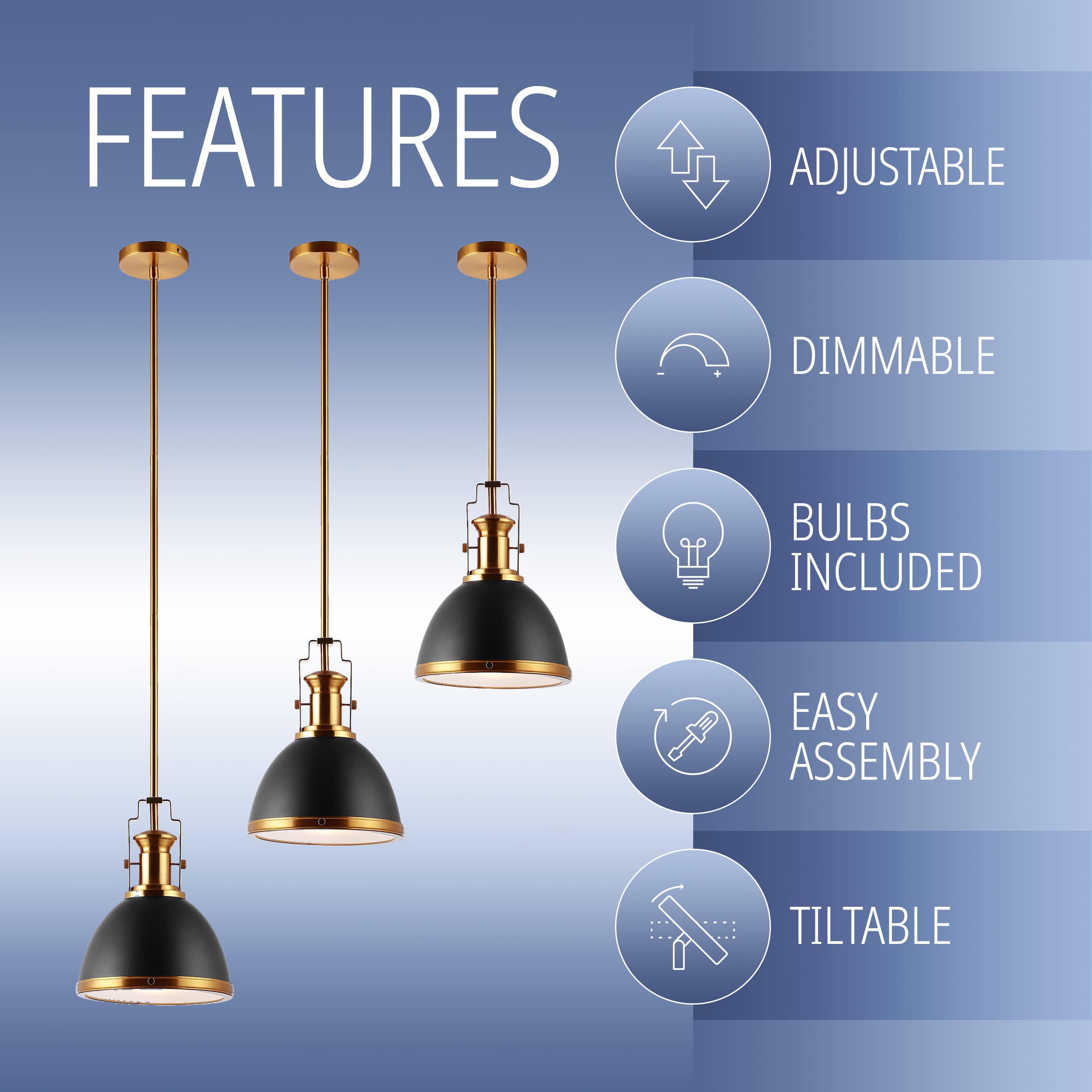 JONATHAN Y 10in Iron LED Dome Pendant Light, Modern Industrial Style, Black/Brass Gold, Model JYL9535A