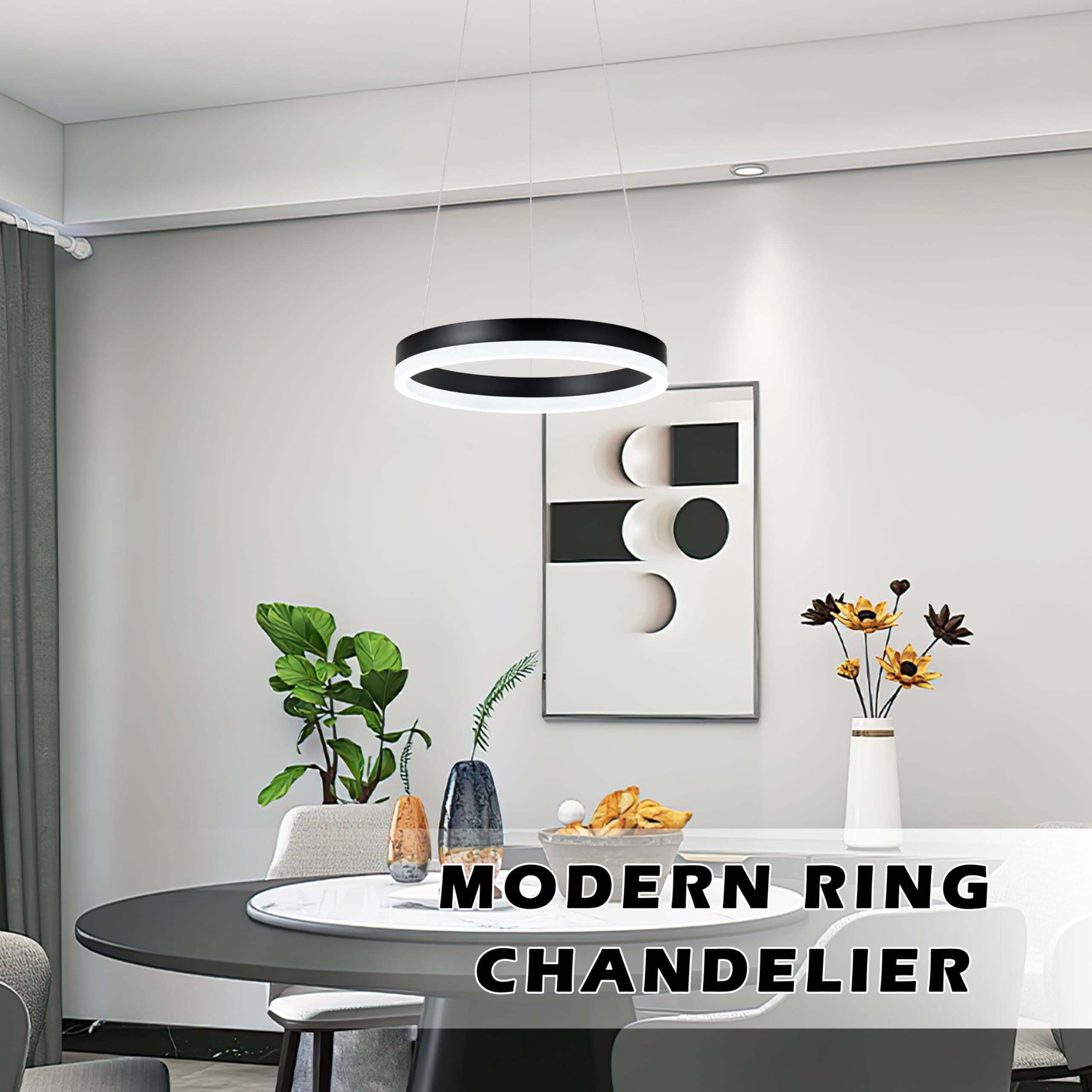 Mccokaige 12" Black LED Ring Chandelier - Modern Pendant Light Fixture for Kitchen Island, Bedroom, Dining Room - Adjustable Height, Metal
