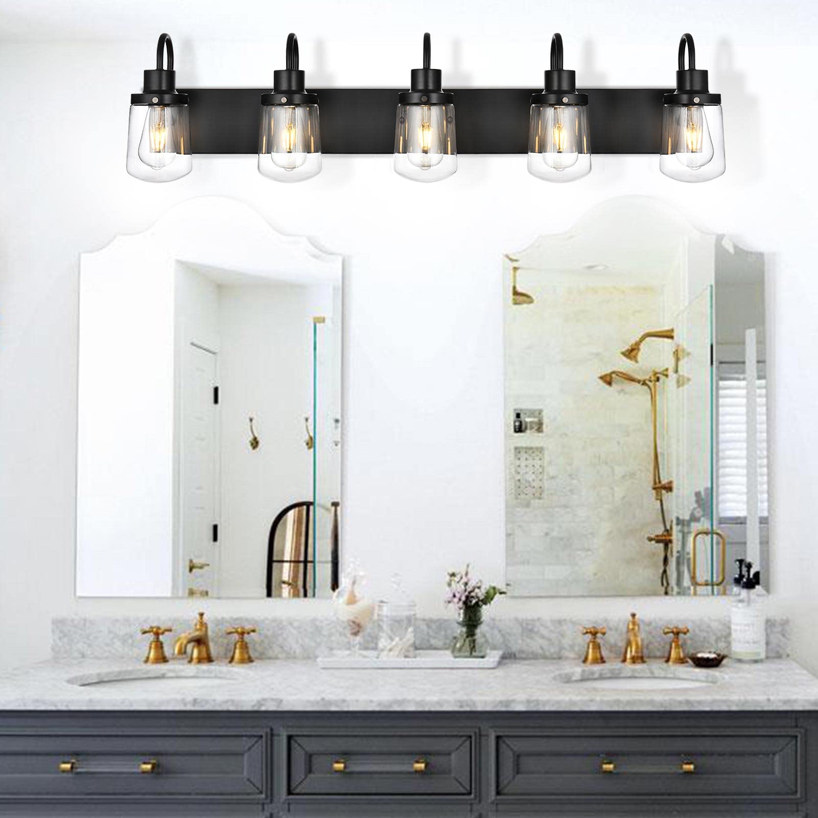 Yaohong Black Bathroom Vanity Light Fixture with 5 Glass Globe Shades, Model AT9064WL5-BK for Hallway, Kitchen, Living Room