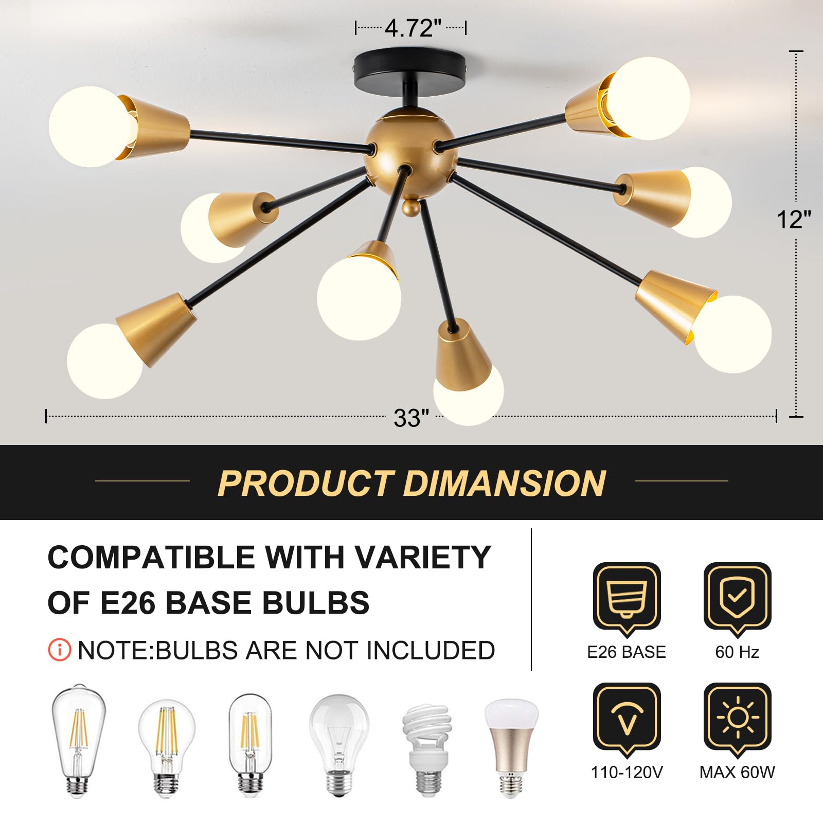 Ymlii Modern Sputnik Ceiling Light Fixture,8-Lights Black And Gold Sputnik Chandeliers, Industrial Metal Semi Flush Mount Ceilin