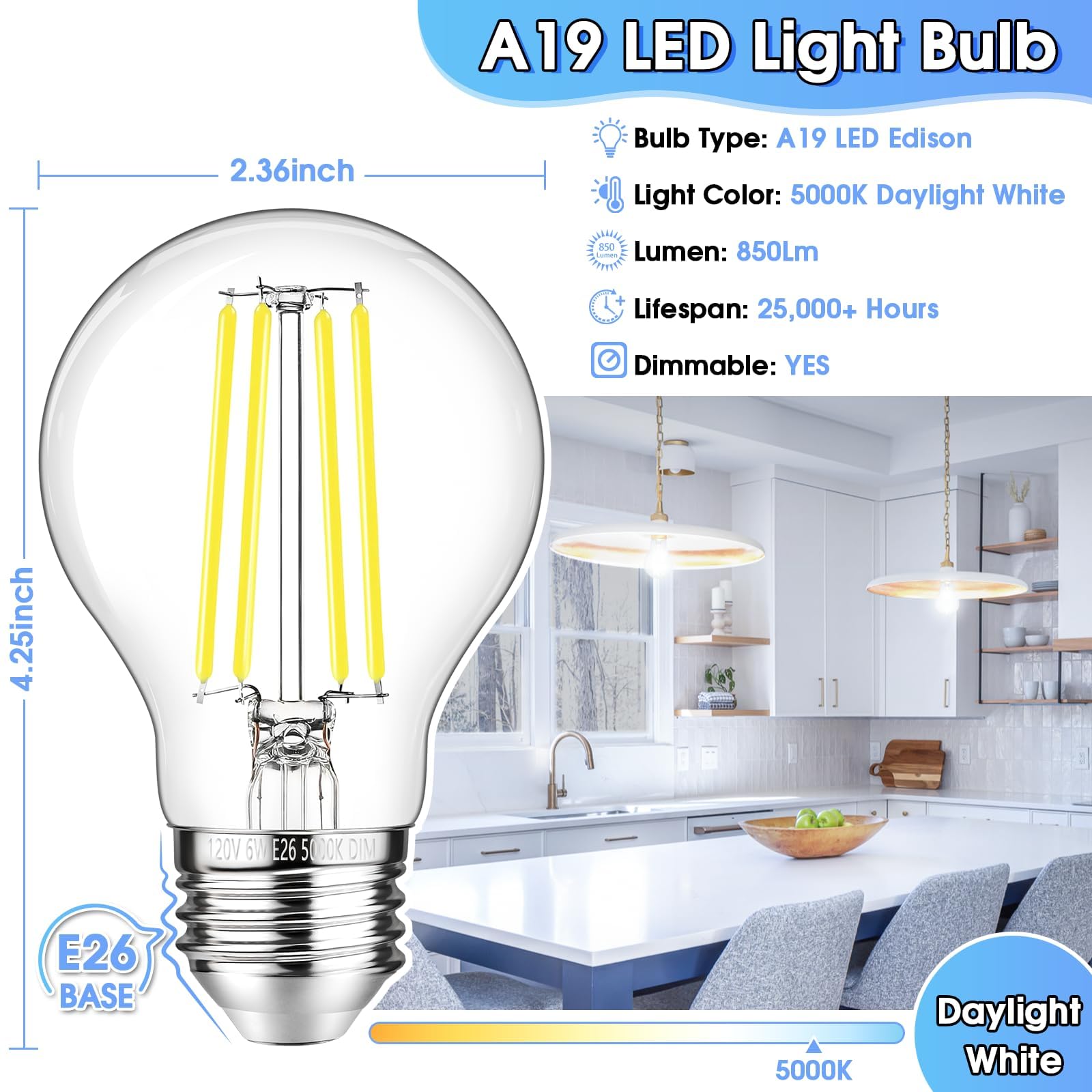 Ggoying 60W Equivalent E26 Led Bulb Dimmable, 850Lm Led Edison Bulbs Daylight White 5000K, 6W A19 Filament Light Bulb, Classic C