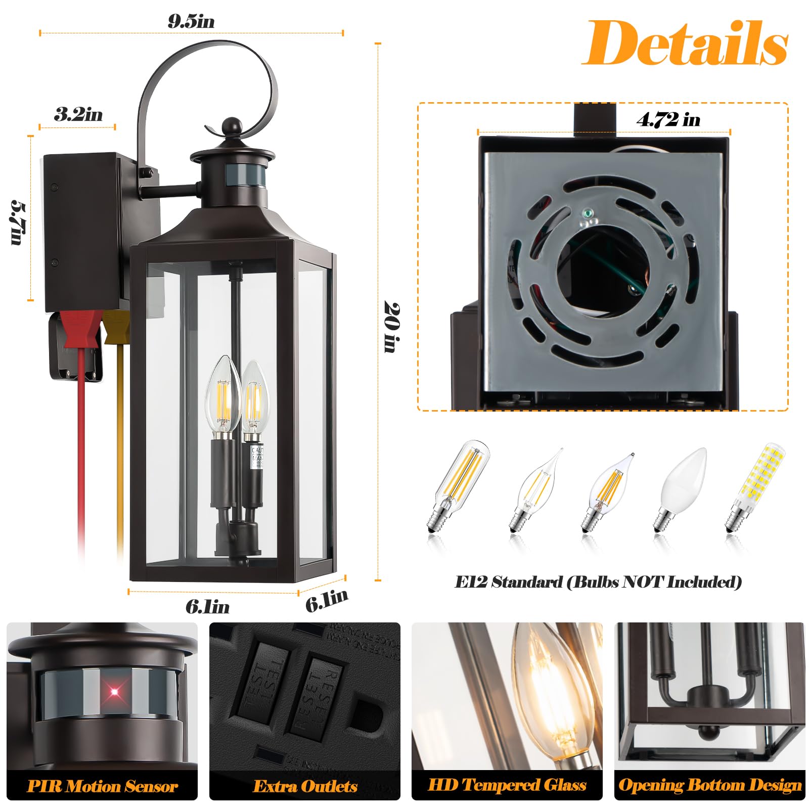 Porch Lights With Gfci Outlet  20 Brown Dusk To Dawn Motion Sensor Outdoor Lights  Exterior Lighting Fixtures With Gfci Outlet Built-In  Waterproof Bronze Outdoor Wall Sconce For House Patio