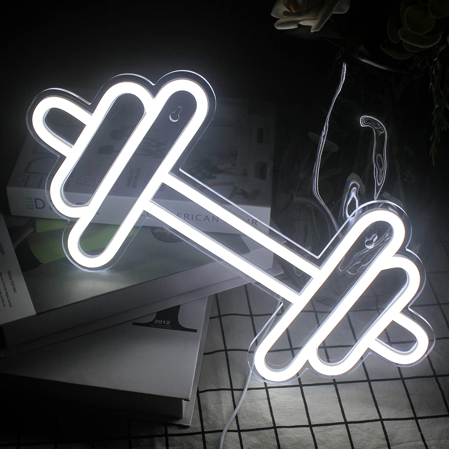 LUCUNSTAR Gym Neon Sign, Barbell Dumbbell Shape, LED Wall Decor, White, Model NS-DC-010-Dumbbells