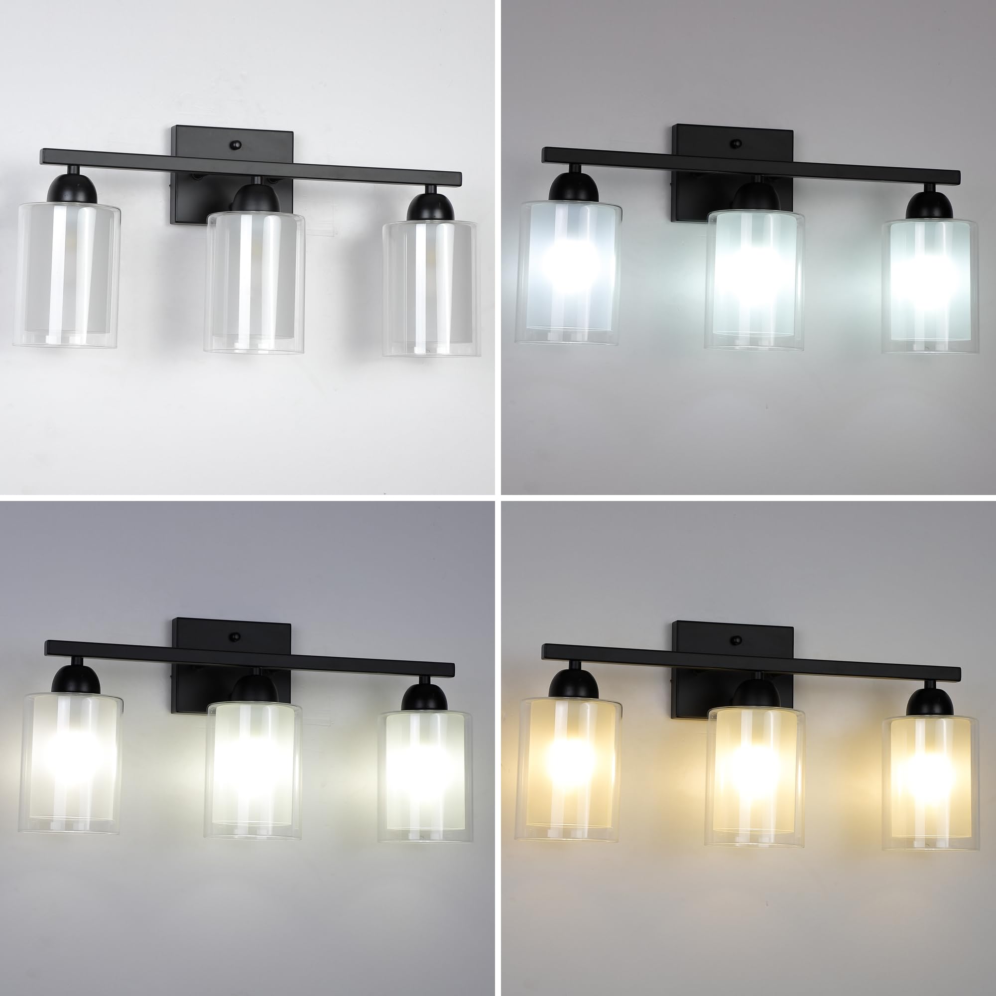 Mecgirn Matte Black Bathroom Vanity Light, 3 Light Fixtures with Milk Glass and Clear Glass Shades, Model B0007-3-Black