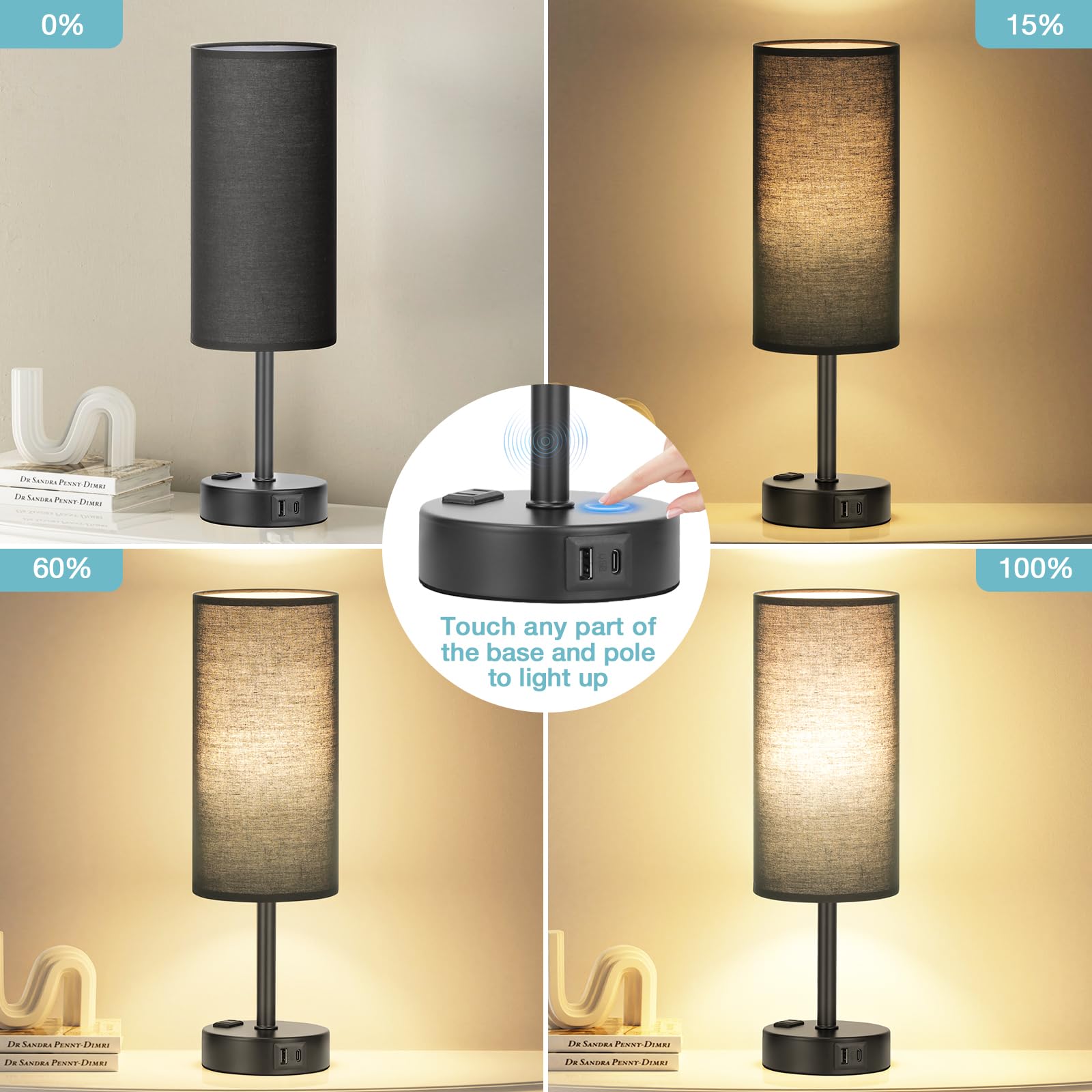Fenmzee Black Bedroom Lamp For Nightstand - 3 Way Dimmable Bedside Lamp Usb C A Charging Ports And Ac Outlet, Small Table Lamp B