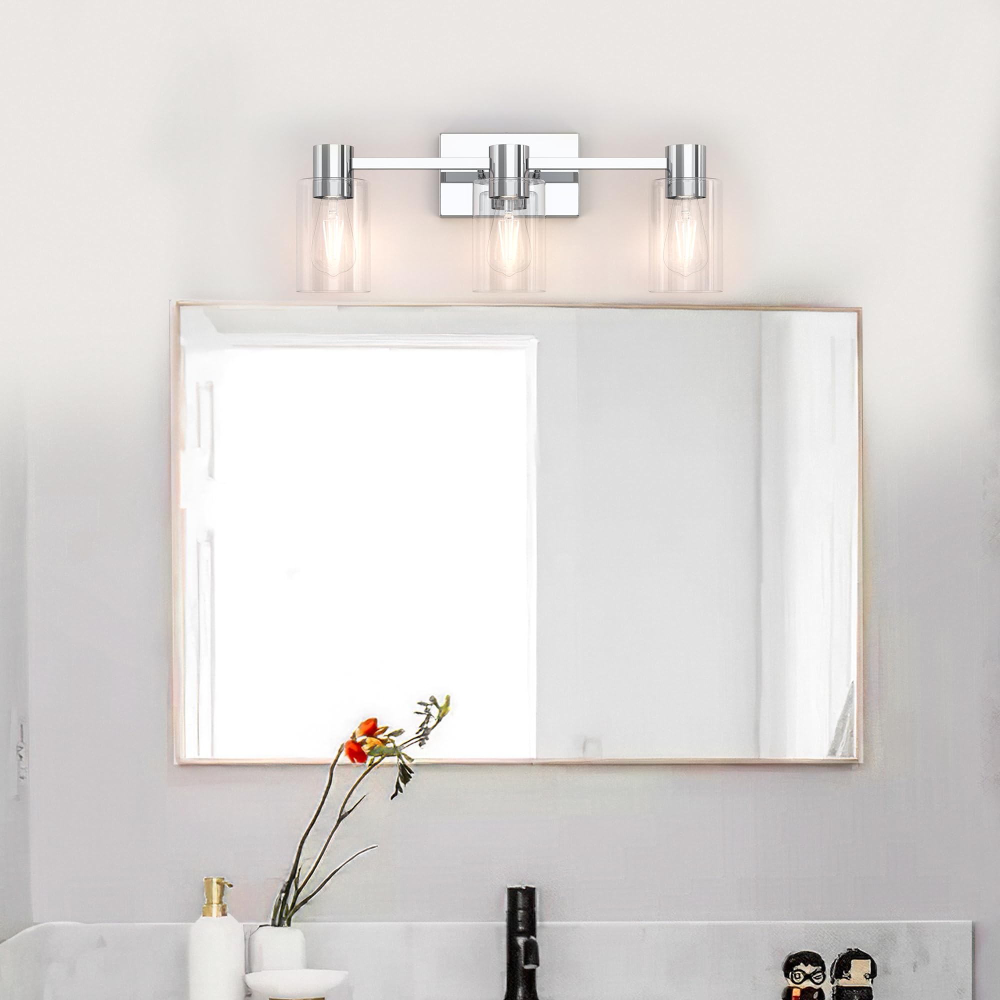 Esfos 3-Light Modern Vanity Light - Polished Chrome, Clear Glass Shade, E26 Base, Model L04-3-GE, Ideal for Bathroom Wall Sconce