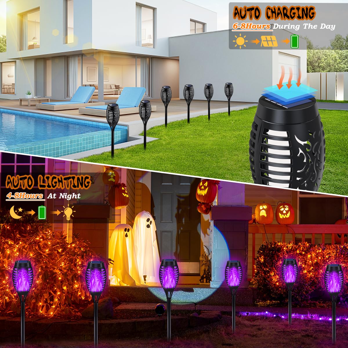 Miusikit 16Pack Solar Powered Halloween Lights, Purple Flickering Flame Solar Torch Lights For Halloween Decor, Halloween Pathway Lights, Halloween Outdoor Light Decor For Garden Patio Lawn Path Scary