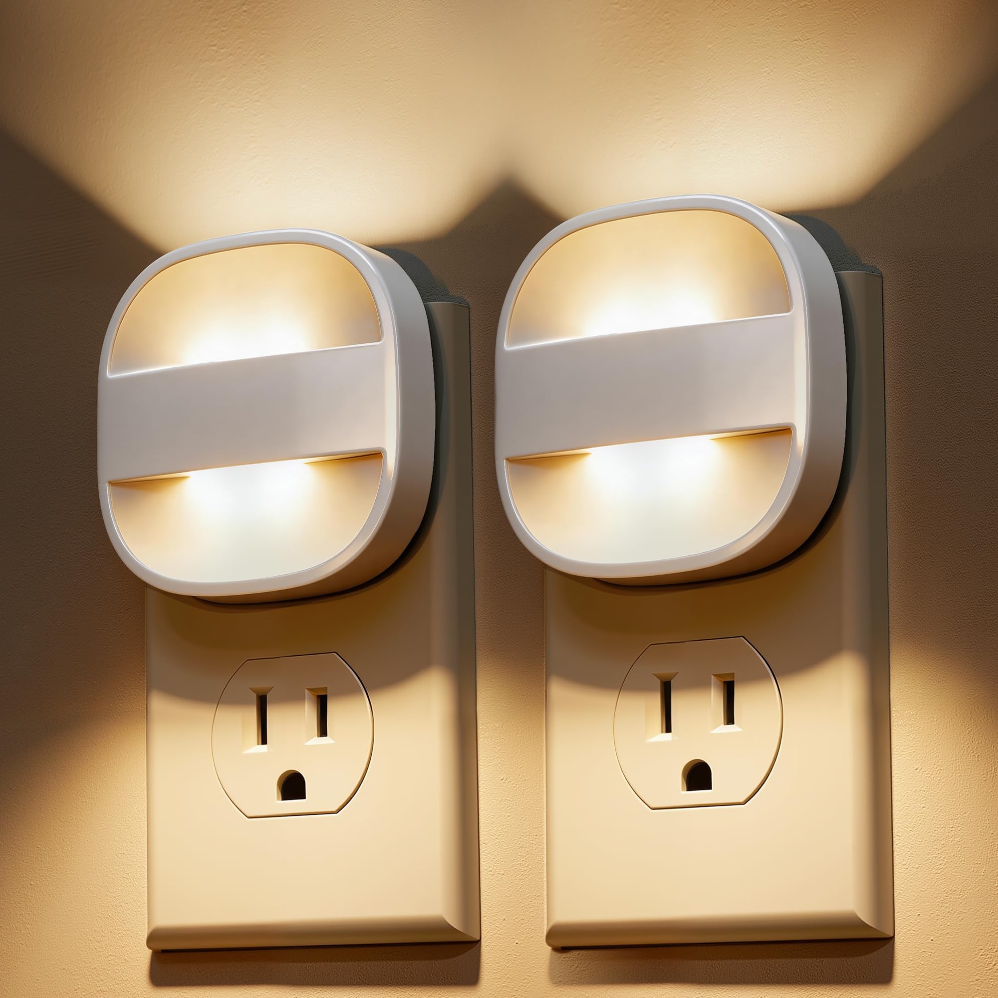 L LOHAS LED Night Lights Plug into Wall, Dusk to Dawn Sensor, Dual Brightness Dimmable, 3000K Soft White, Foldable, 2-Pack - for