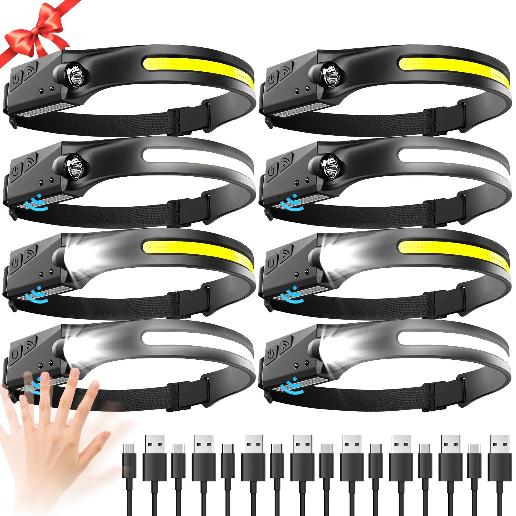 Axrunze Headlamp Rechargeable 8 Pack, Led Headlight Flashlight Super Bright With 230 Wide Beam, Motion Sensor, 5 Modes Waterproo