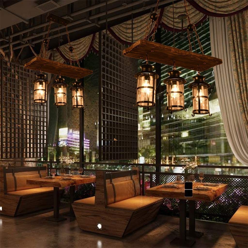 Wood Retro Pendant Lighting Industrial Vintage Chandelier Black Metal Bedroom Restaurant Suspension Lamp Cage Frame With Glass S