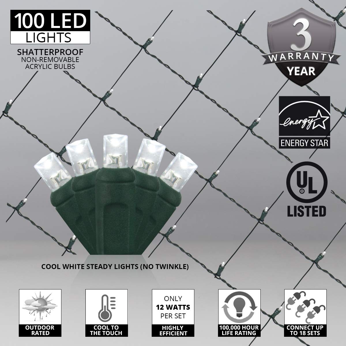 Wintergreen Lighting 100 LED Cool White Net Lights - 4x6 ft, Acrylic, Green Wire, Christmas Outdoor Decor