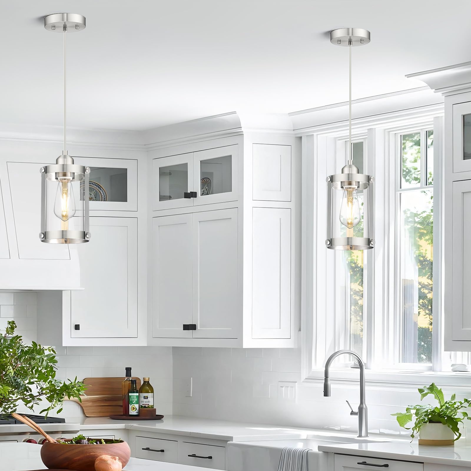 Osimir Brushed Nickel Pendant Lights Kitchen Island, 1-Light Modern Mini Hanging Light Fixtures With Clear Glass, Farmhouse Kitc