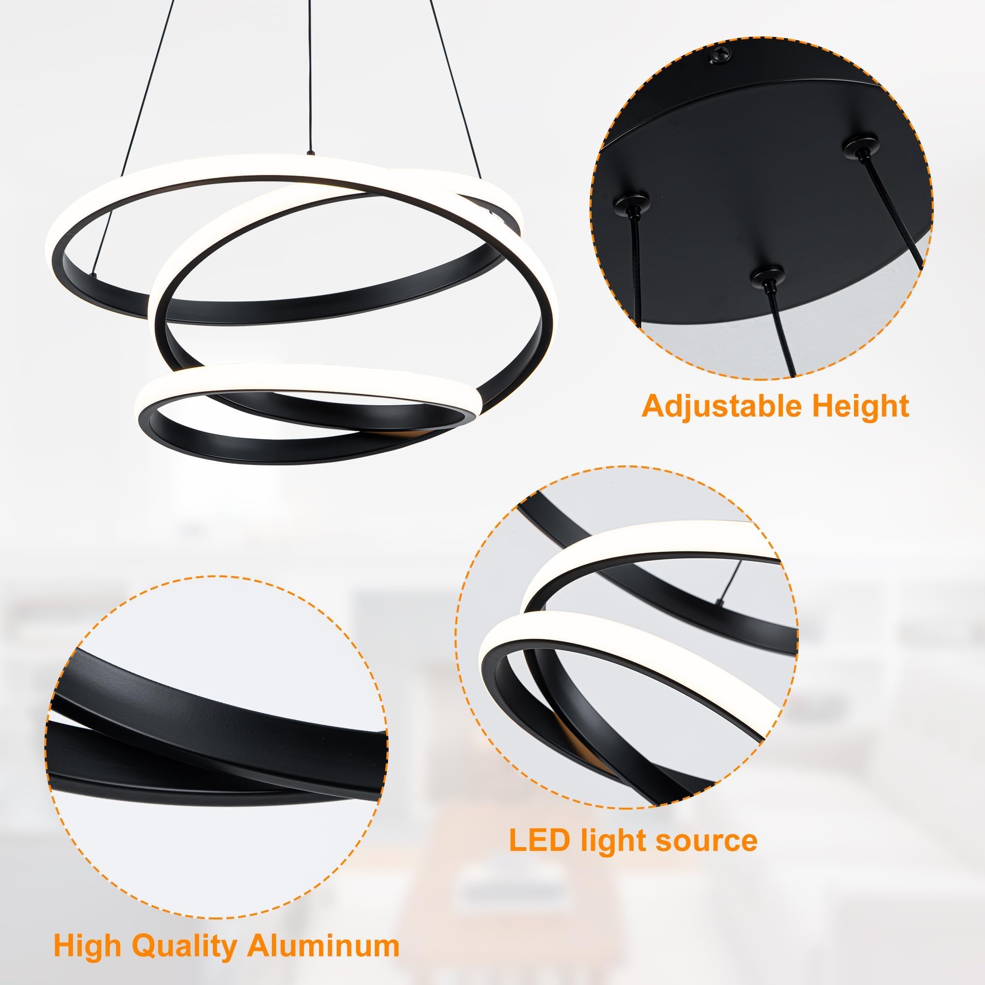 Mayful Modern Chandelier With Remote Control  3-Color Dimmable Led Pendant Light Fixtures  Height Adjustable Kitchen Island Lighting For Dining Room Bedroom Living Room Foyer Office Black 19.7 Inches