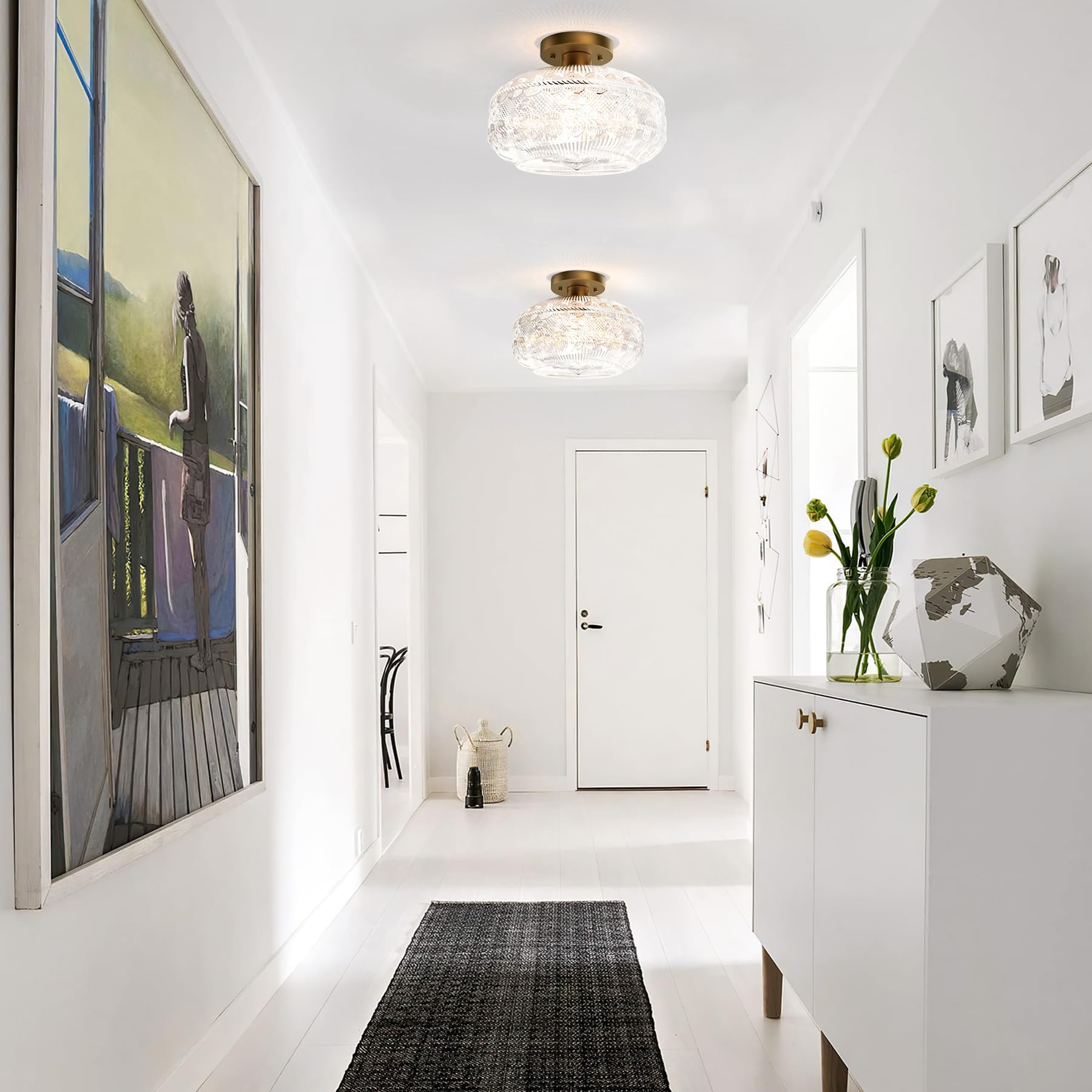 Apoto 11'' Large Semi Flush Mount Ceiling Light Fixture,Gold Globe Glass Light Fixtures Ceiling Mount,Vintage Hallway Light Fixt