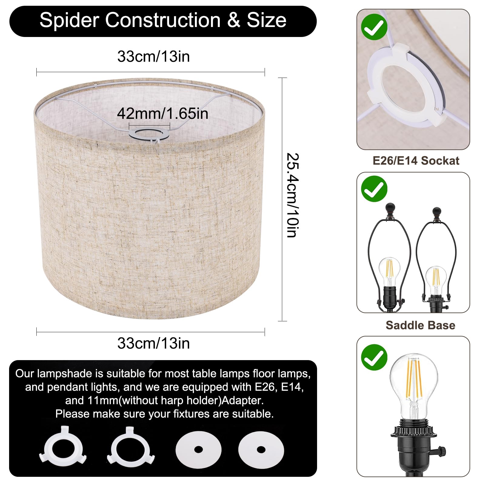 LEYINPEI Large Drum Lamp Shade - Beige Linen 13'' Top x 13'' Bottom x 10'' High, Handcrafted Replacement for Table & Floor Lamps