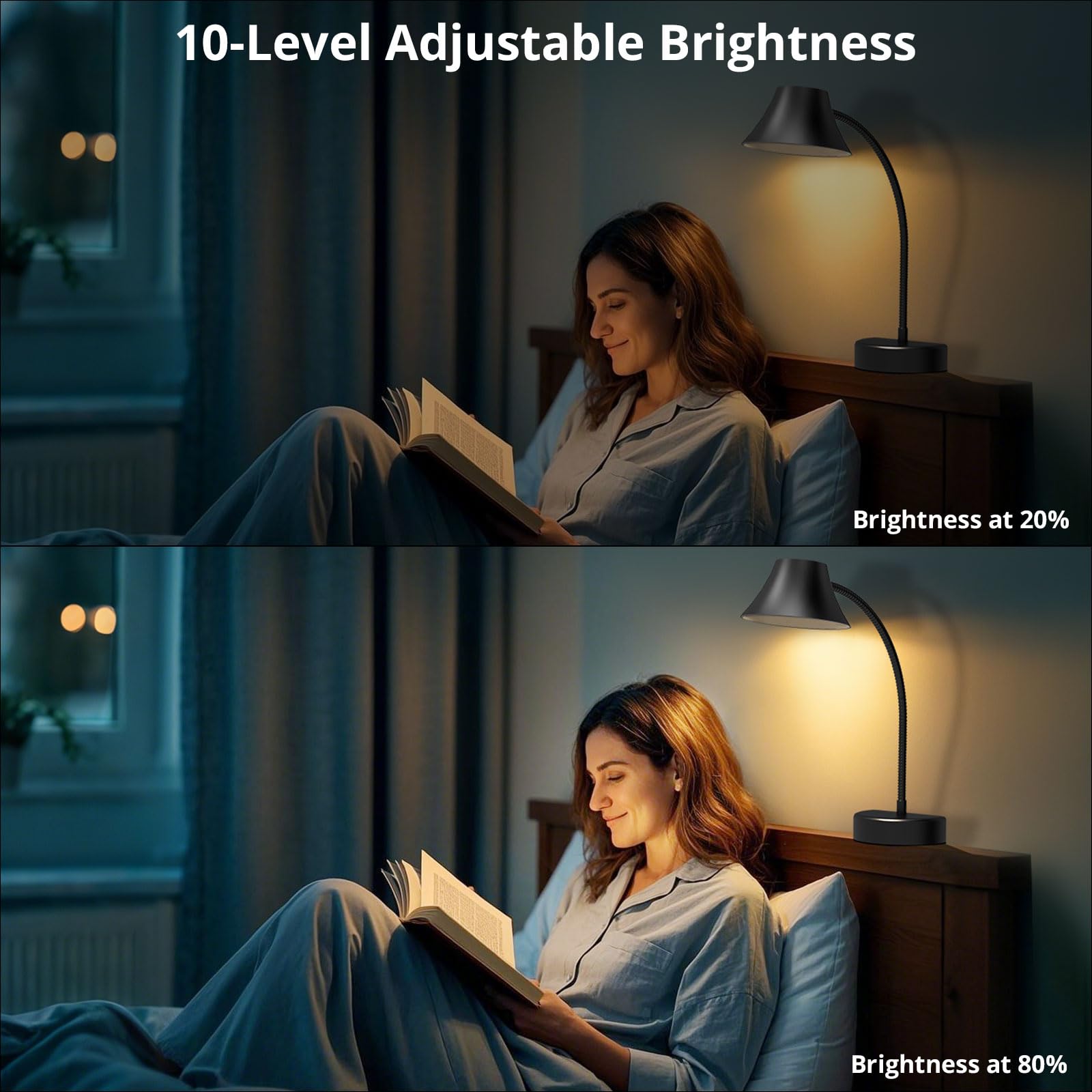 TONYFUL Reading Light for Bed, Eye Care LED Lamp, Flexible Gooseneck, 5 Colors, 10 Brightness Levels, Model HL-DL8010A-18, Black