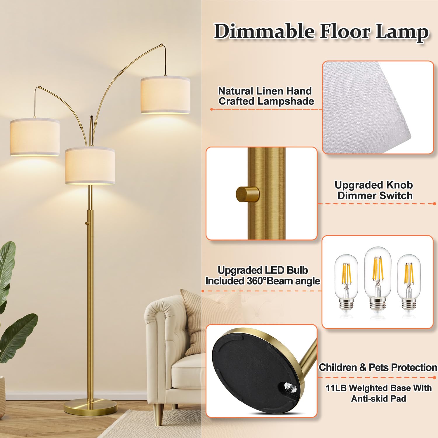 Nintiue Dimmable Floor Lamp - 3 Lights Brass Arc Floor Lamps For Living Room, 1000Lm Modern Tall Standing Lamp With Linen Shades