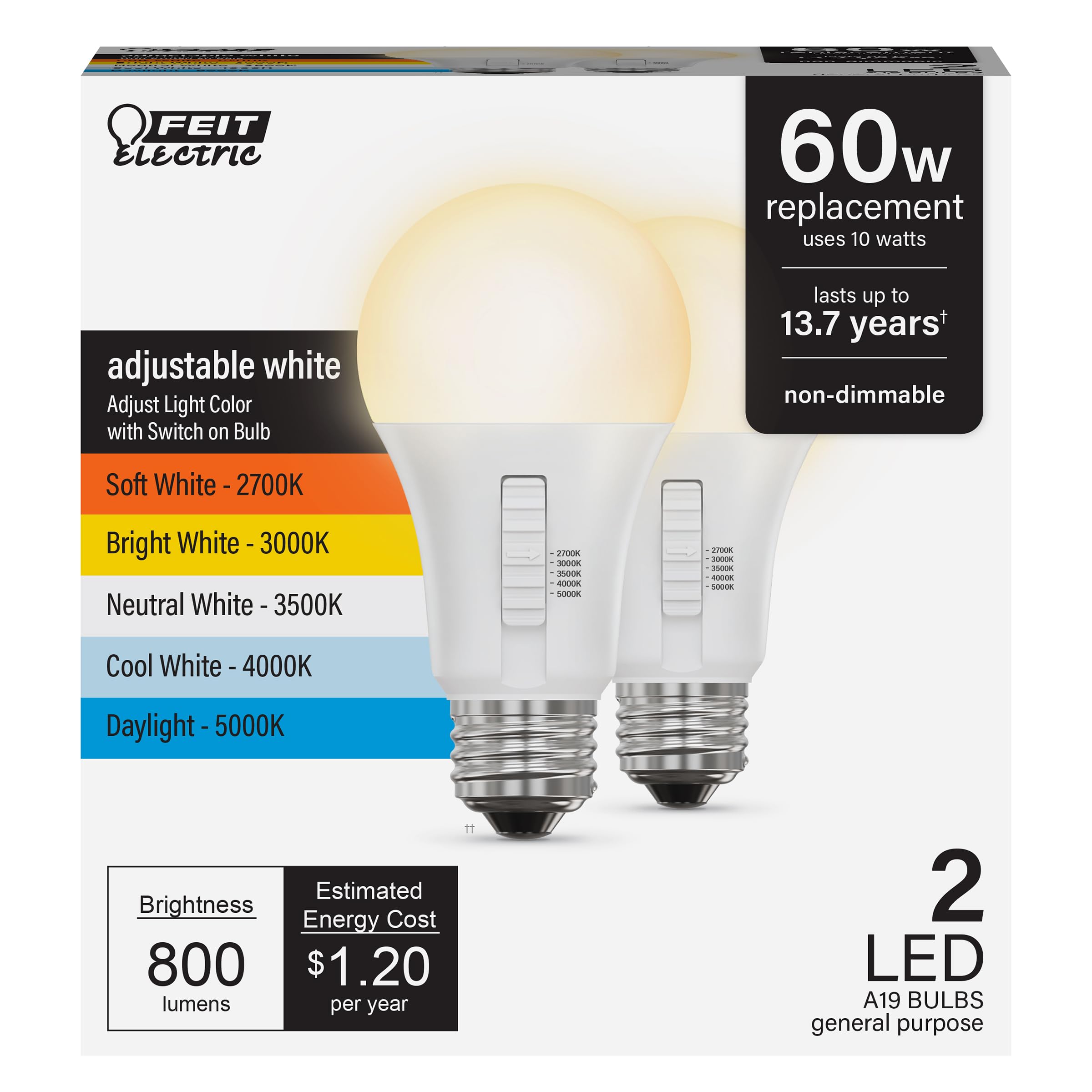 Feit Electric A19 Led Light Bulb, 60W Equivalent, Non-Dimmable, 5Cct, E26 Medium Base, 90 Cri, 800 Lumens, Adjustable White, 13.