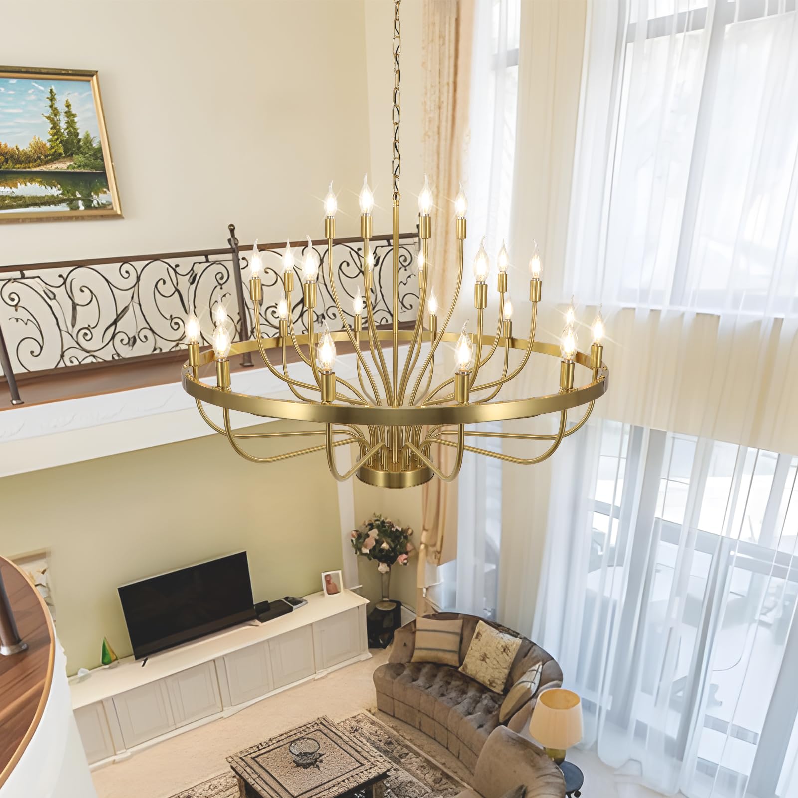 Gold Chandelier 24 Light Large Chandelier For High Ceilings, Farmhouse Wagon Wheel 39In 3-Tier For Dining Room, Hallway, Living