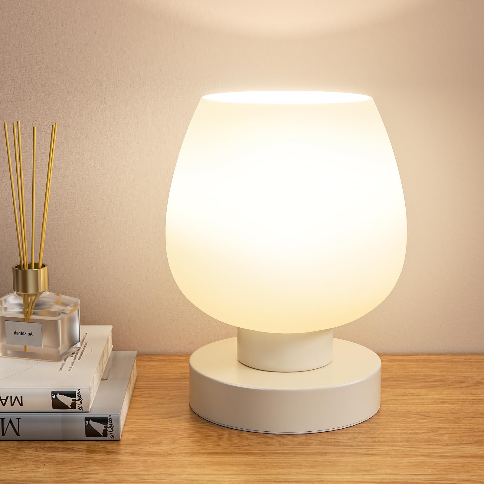 Seealle Cordless Touch Table Lamp for Nightstand - Small Bedside Lamp for Bedroom Night Stands  Desk Lamp with White Glass Shade for Small Spaces Living Room  Stepless Dimmable  LED Bulbs  Gifts