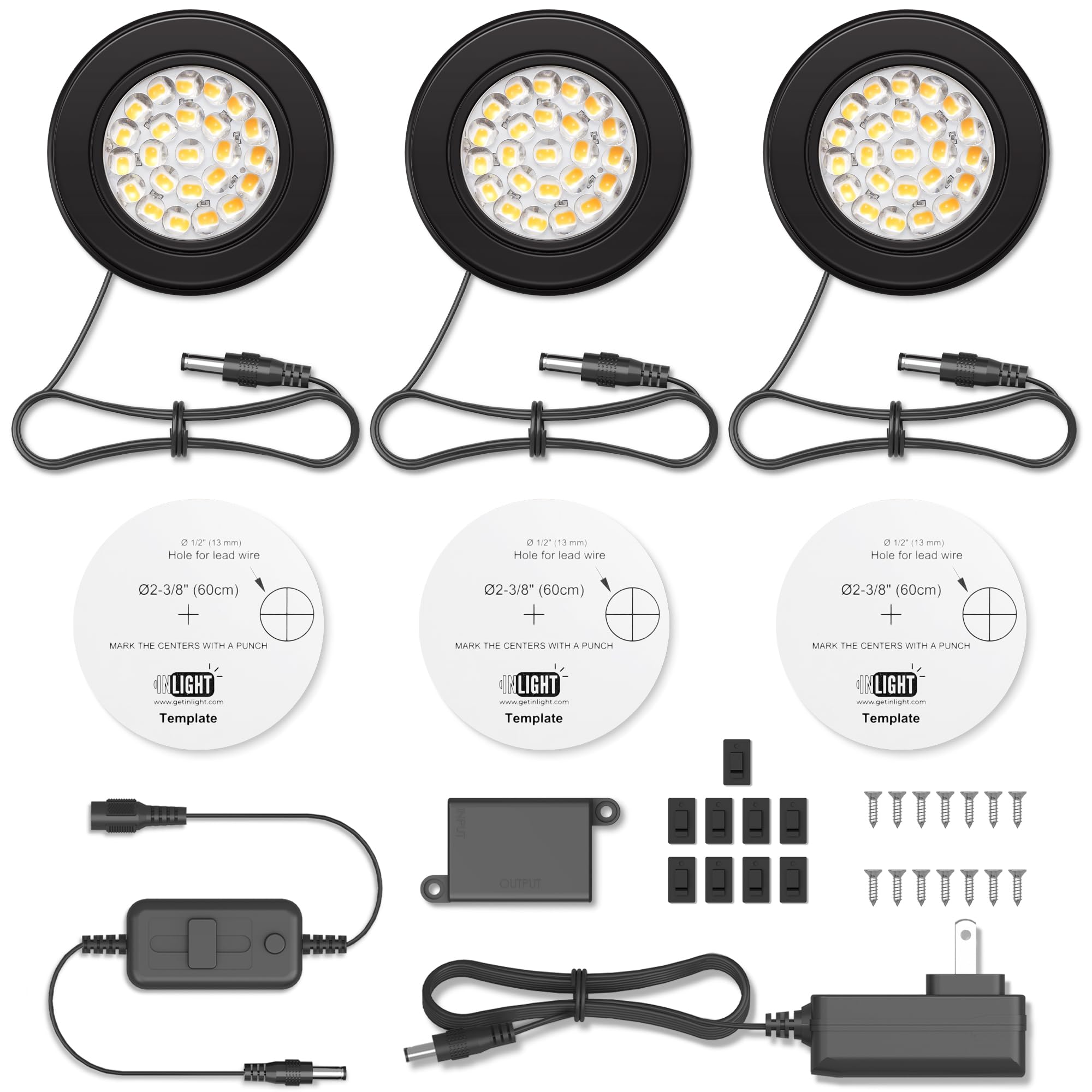 Getinlight 2.6'' Wide 3000K Dimmable Led Puck Lights Kit, Plug-In Installation With Recessed Or Surface Mounted, Black Finish Ov