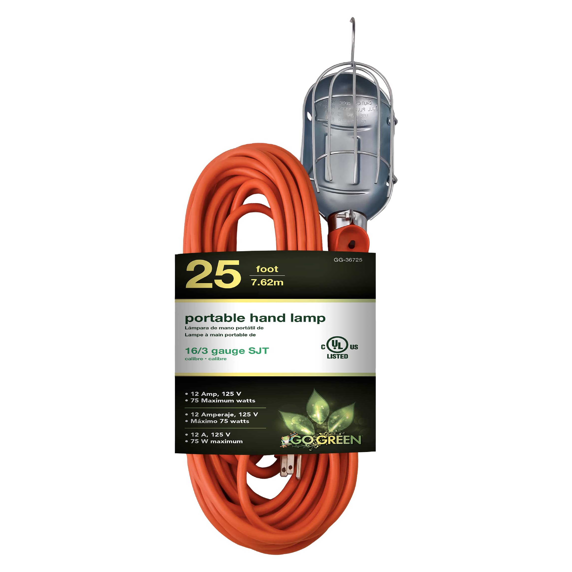 Go Green Power Inc. 25ft Portable Hand Lamp with 16/3 Kink-Free Cord (Bulb not included) - Durable Construction, Swivel Hook, an