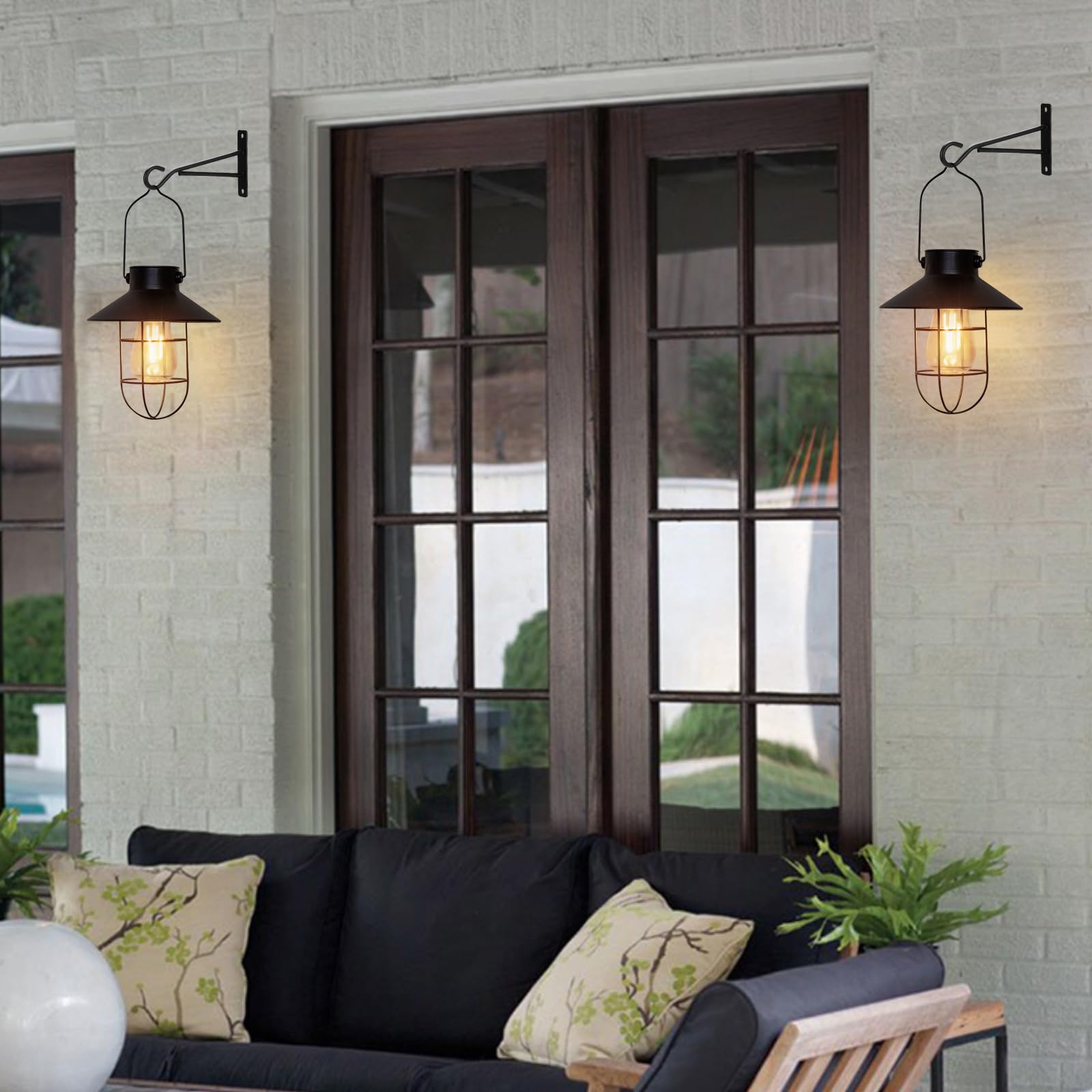 pearlstar Solar Lantern Outdoor Light - 2 Packs, Metal, Warm White Edison Bulb, Medium Size, Black, Model 049-M-pk2